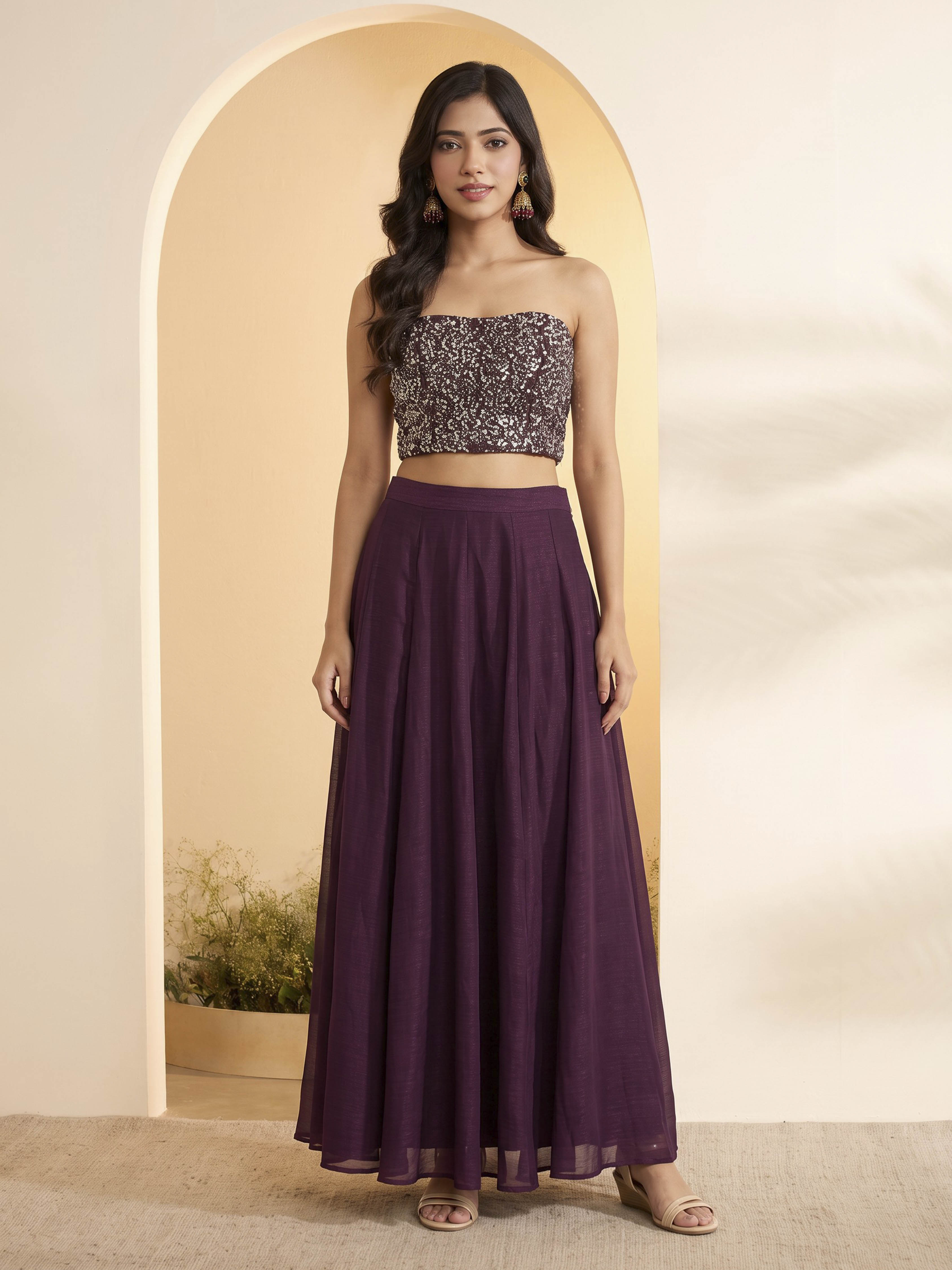 Wine Nylon Gathered Saree image number 6