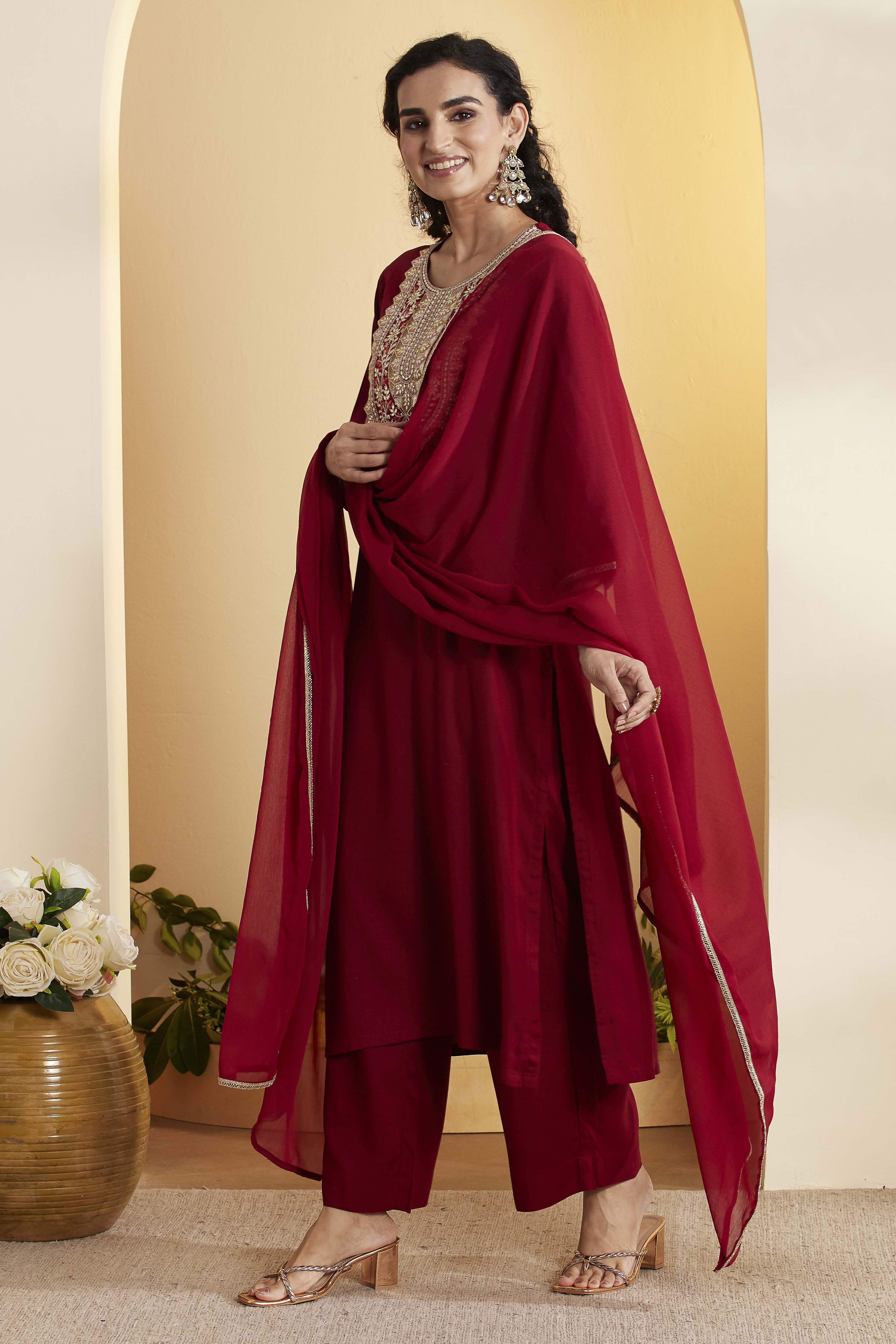 Maroon Viscose Rayon Embroidered Straight Kurta Set image number 3