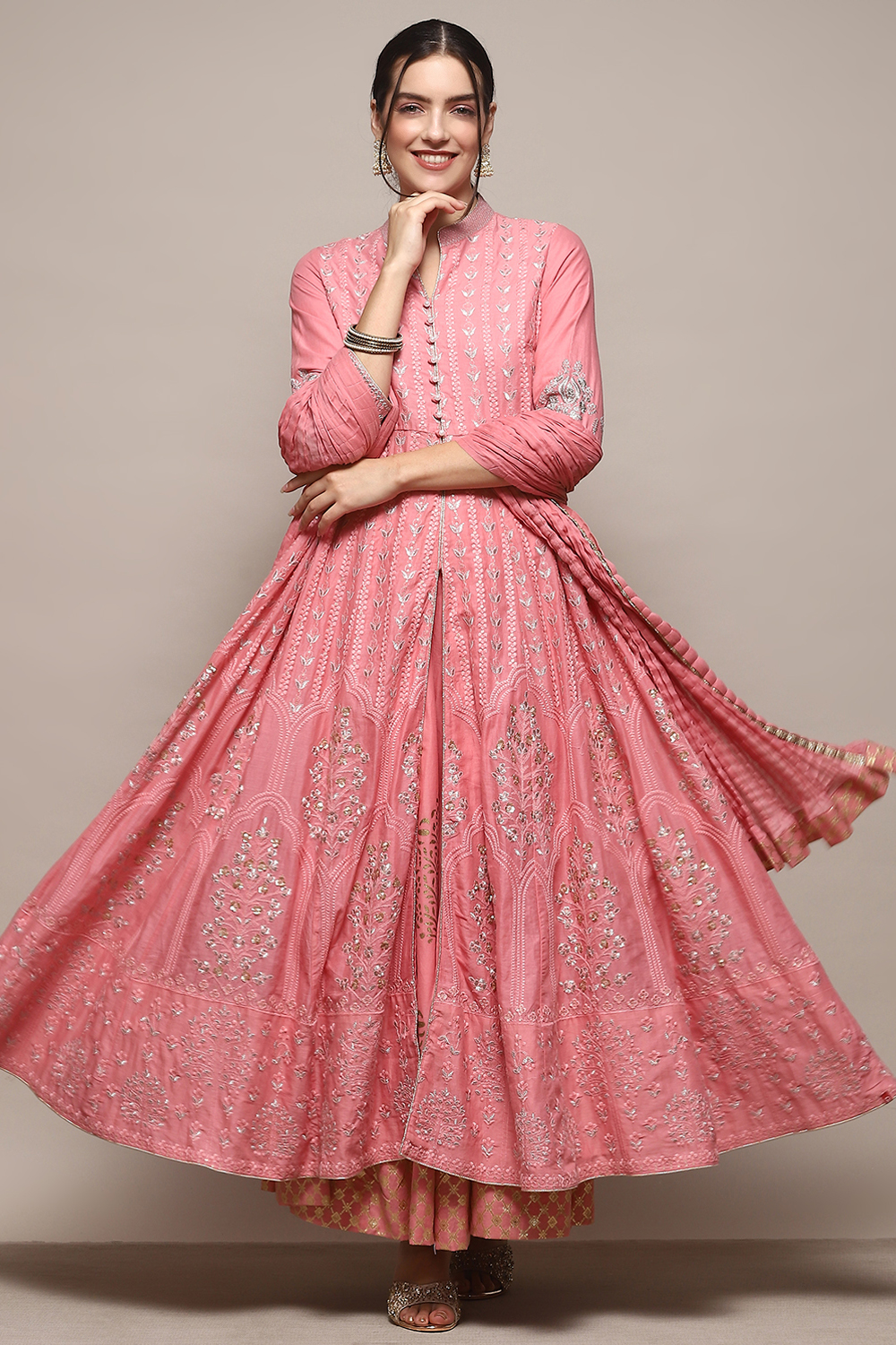 Aqua Blue Cotton Anarkali Kurta Lehenga Set image number 7