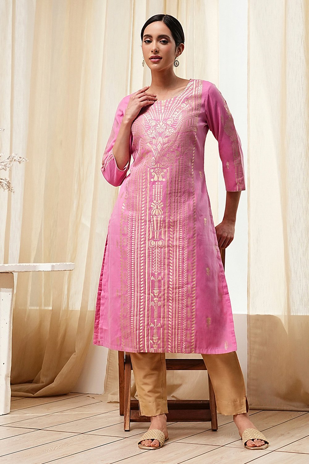 Pink Poly Cotton Straight Yarndyed Kurta image number 0