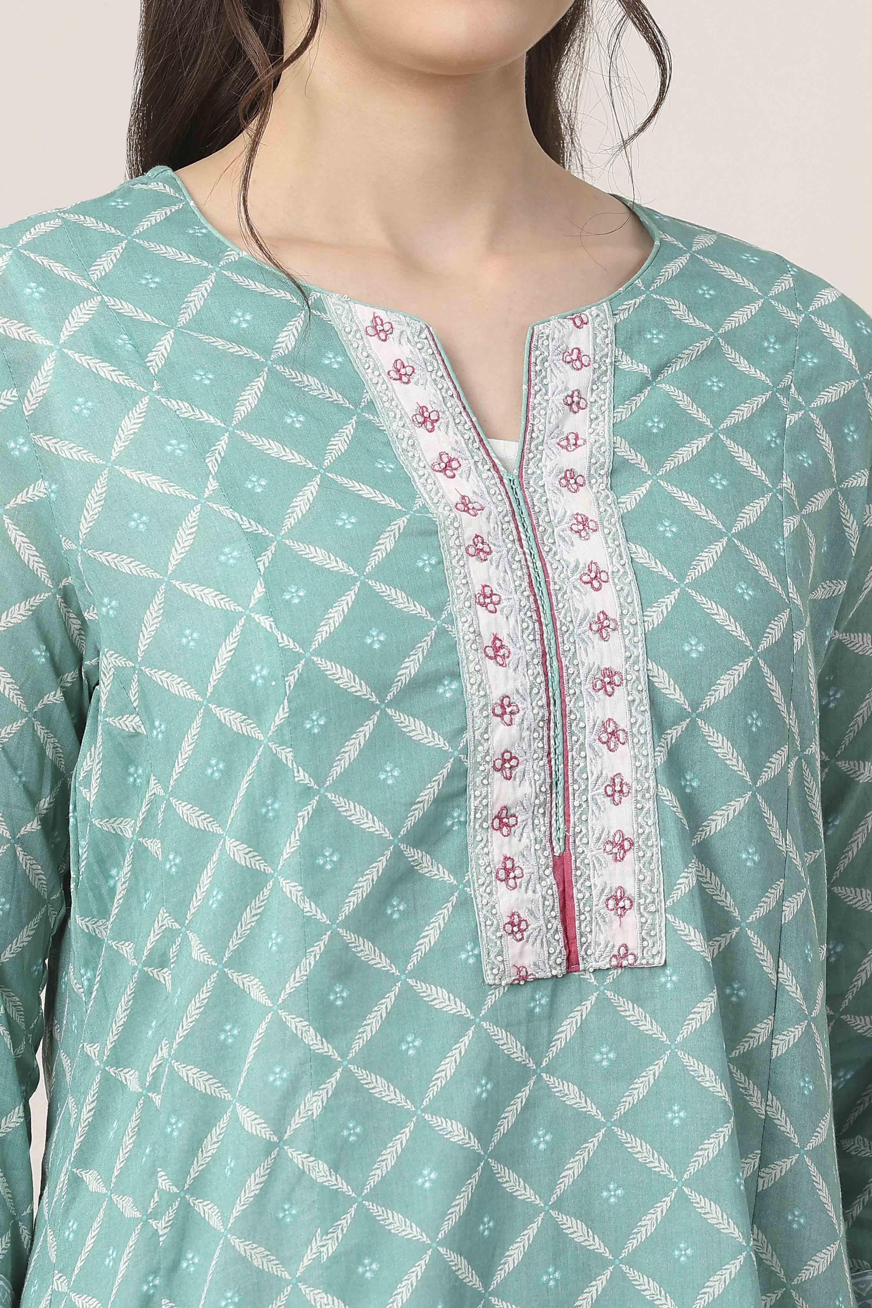 Turquoise Cotton Anarkali Kurta Palazzo Suit Set image number 1