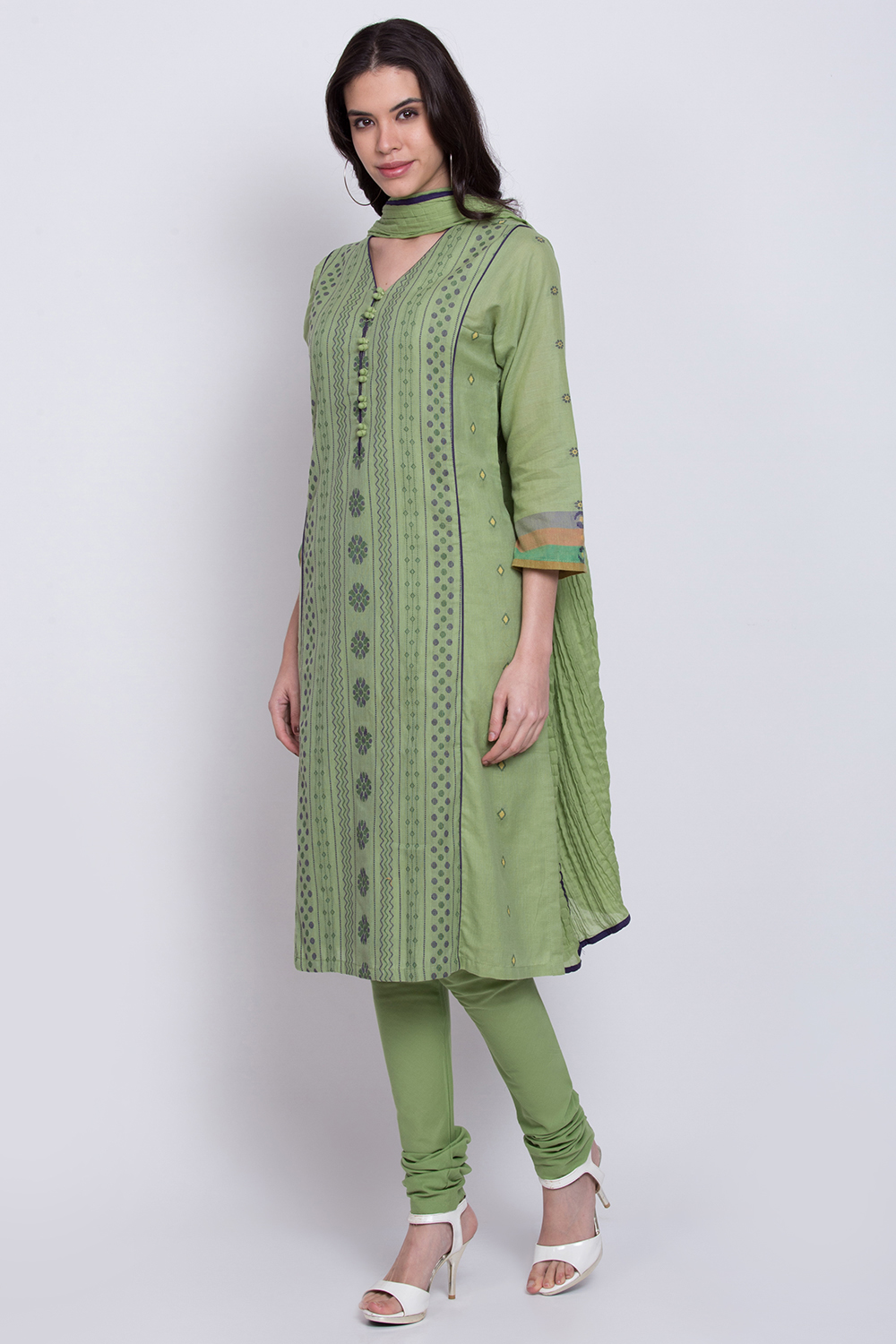 Green Cotton Straight Kurta Churidar Suit Set image number 2