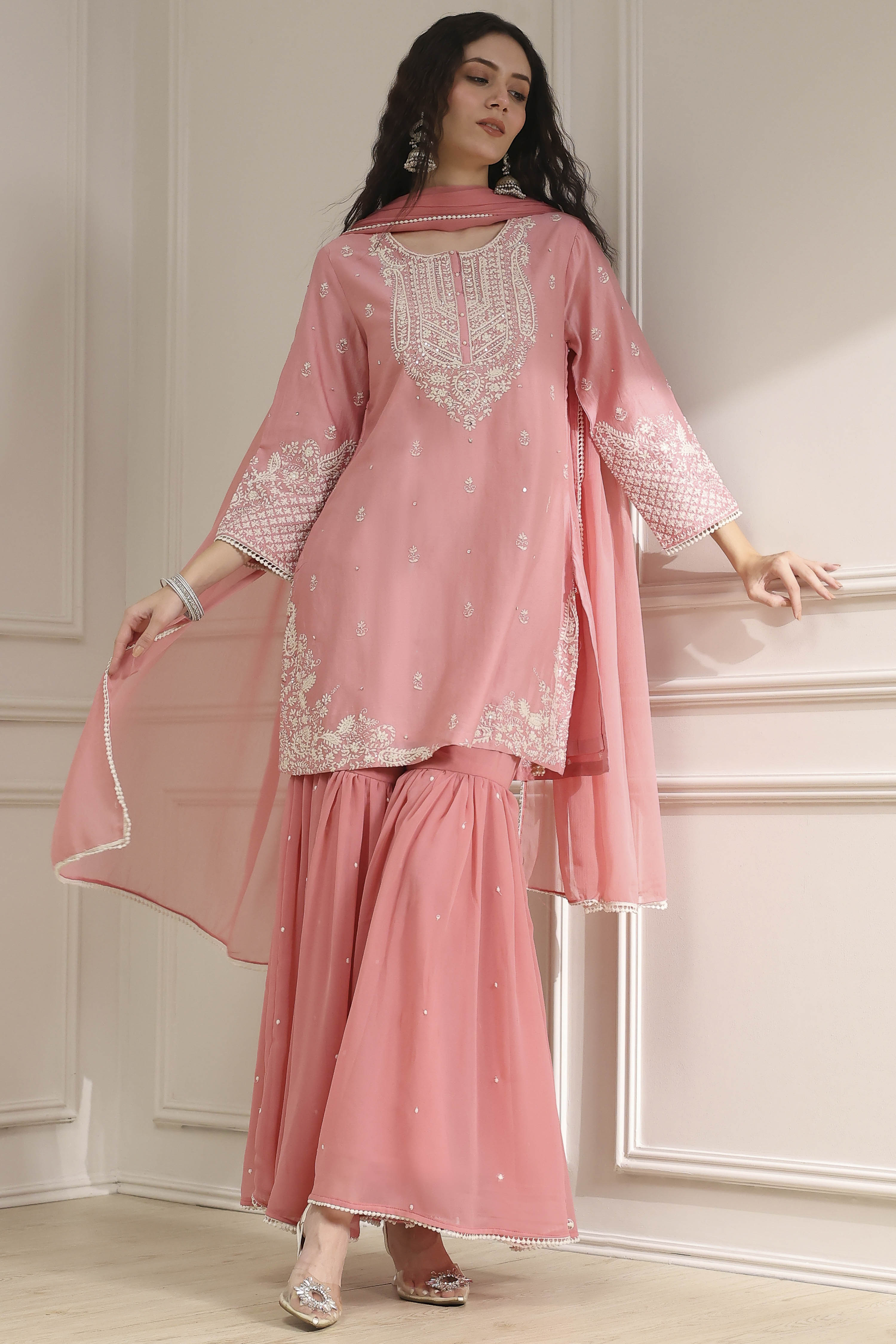 Light Pink Cotton Silk Embroidered Straight Suit Set image number 0