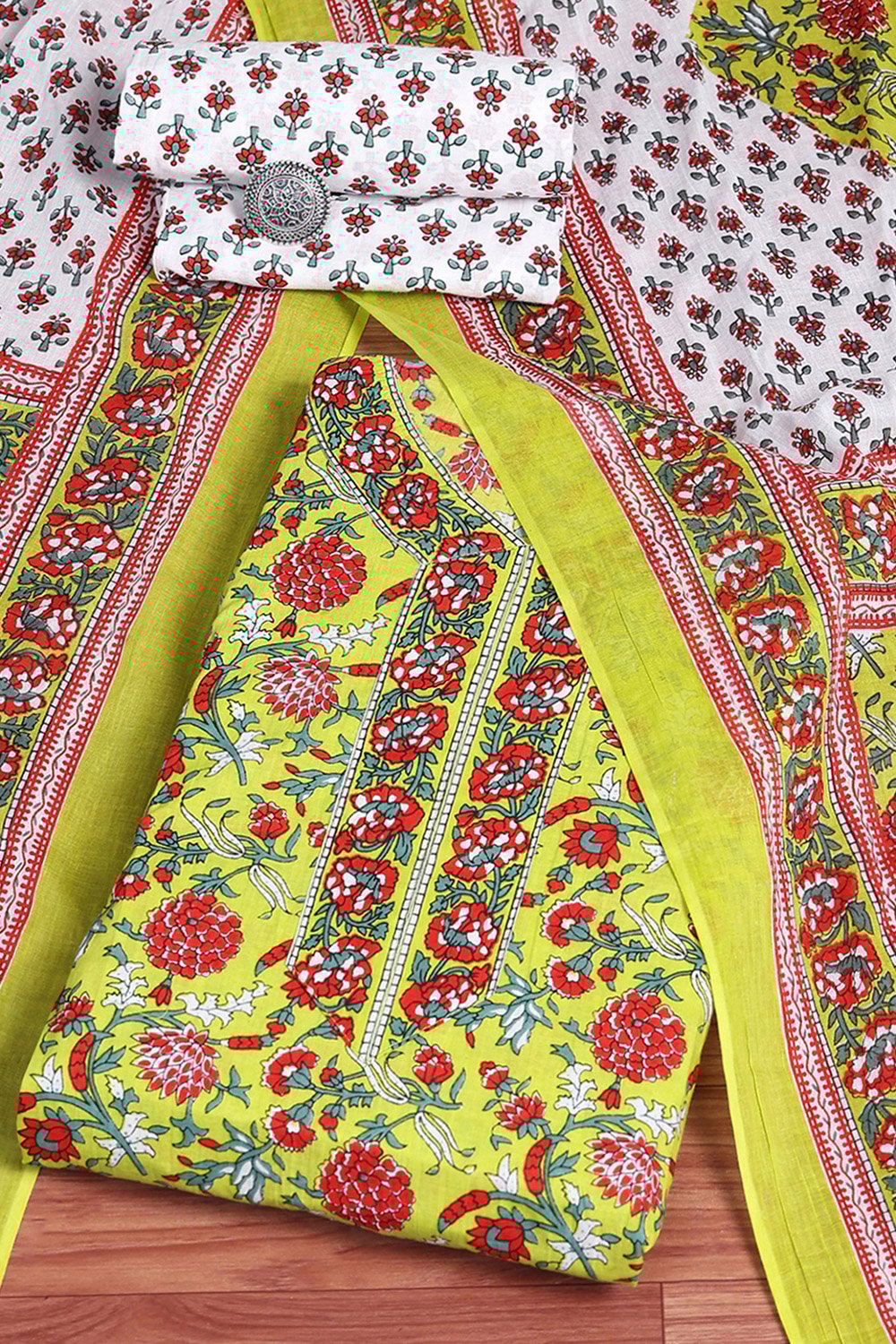Lime Green and White Cotton Screen Print Unstitched Suit Set image number 0