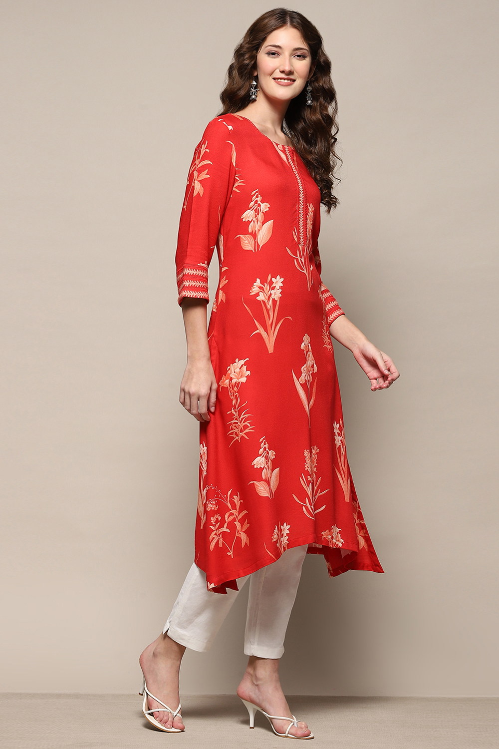 Orange Rayon Printed Asymmetric Kurta image number 4