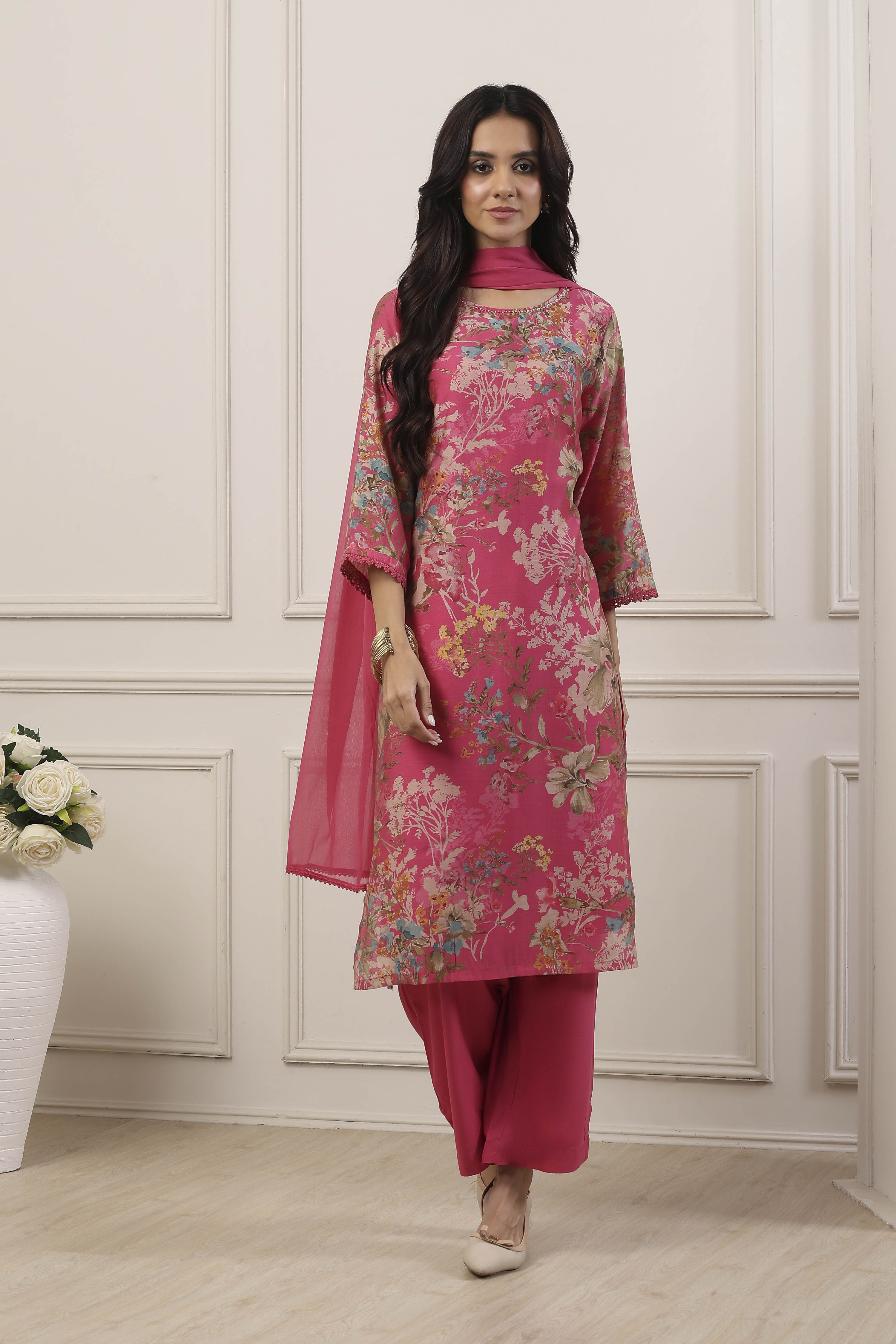Pink Cotton Blend Straight Suit Set image number 6