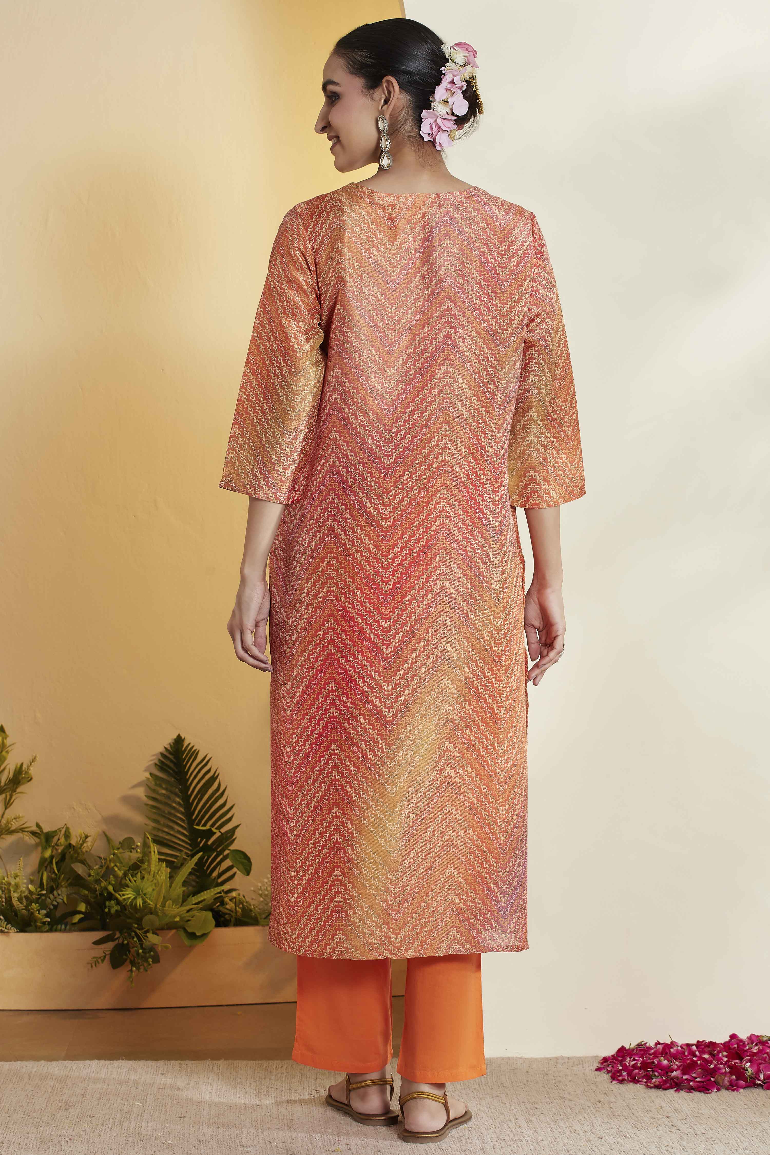 Orange Polyester Straight Printed Suit Set image number 6