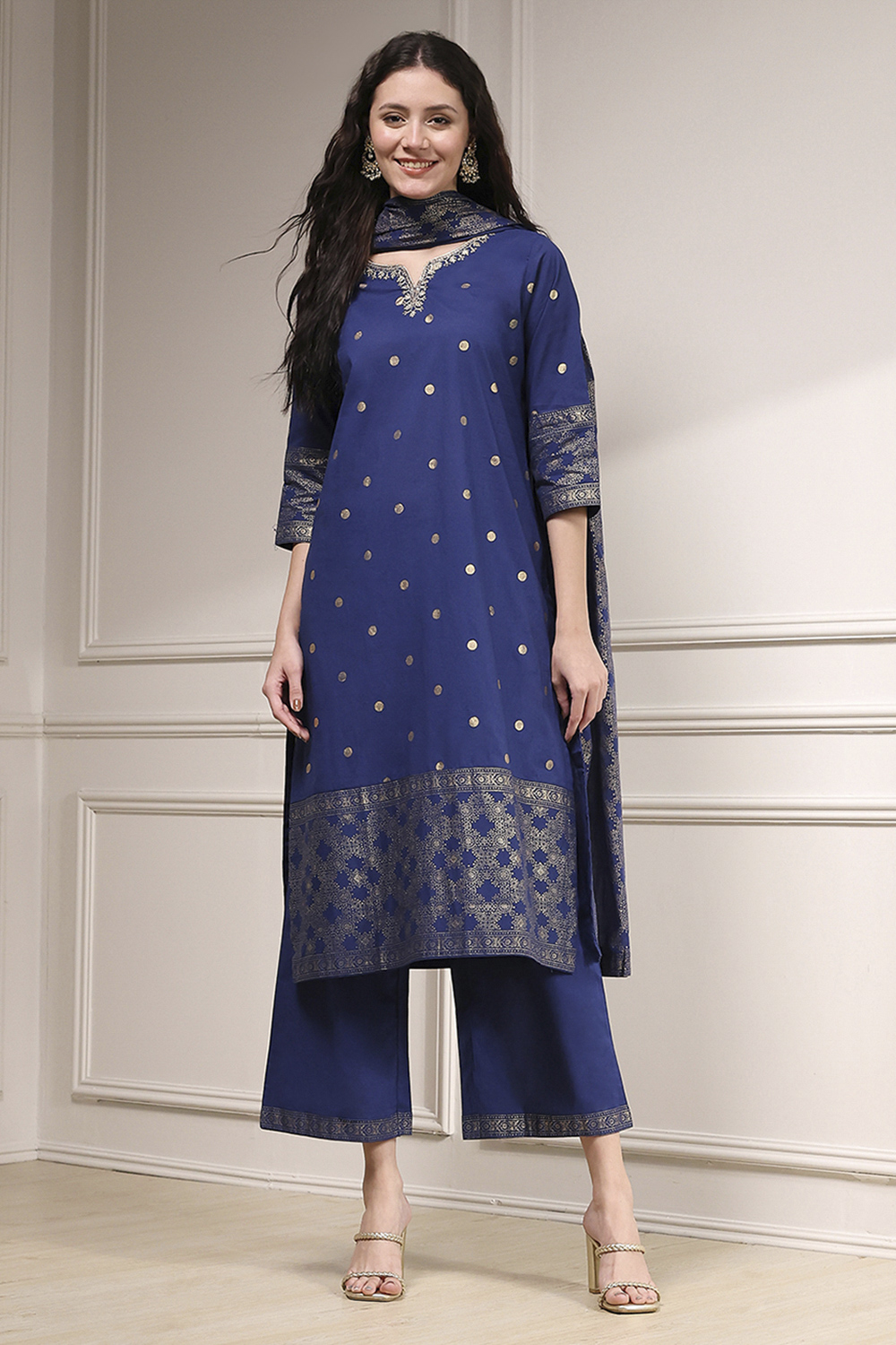 Blue Cotton Printed Straight Suit Set image number 6