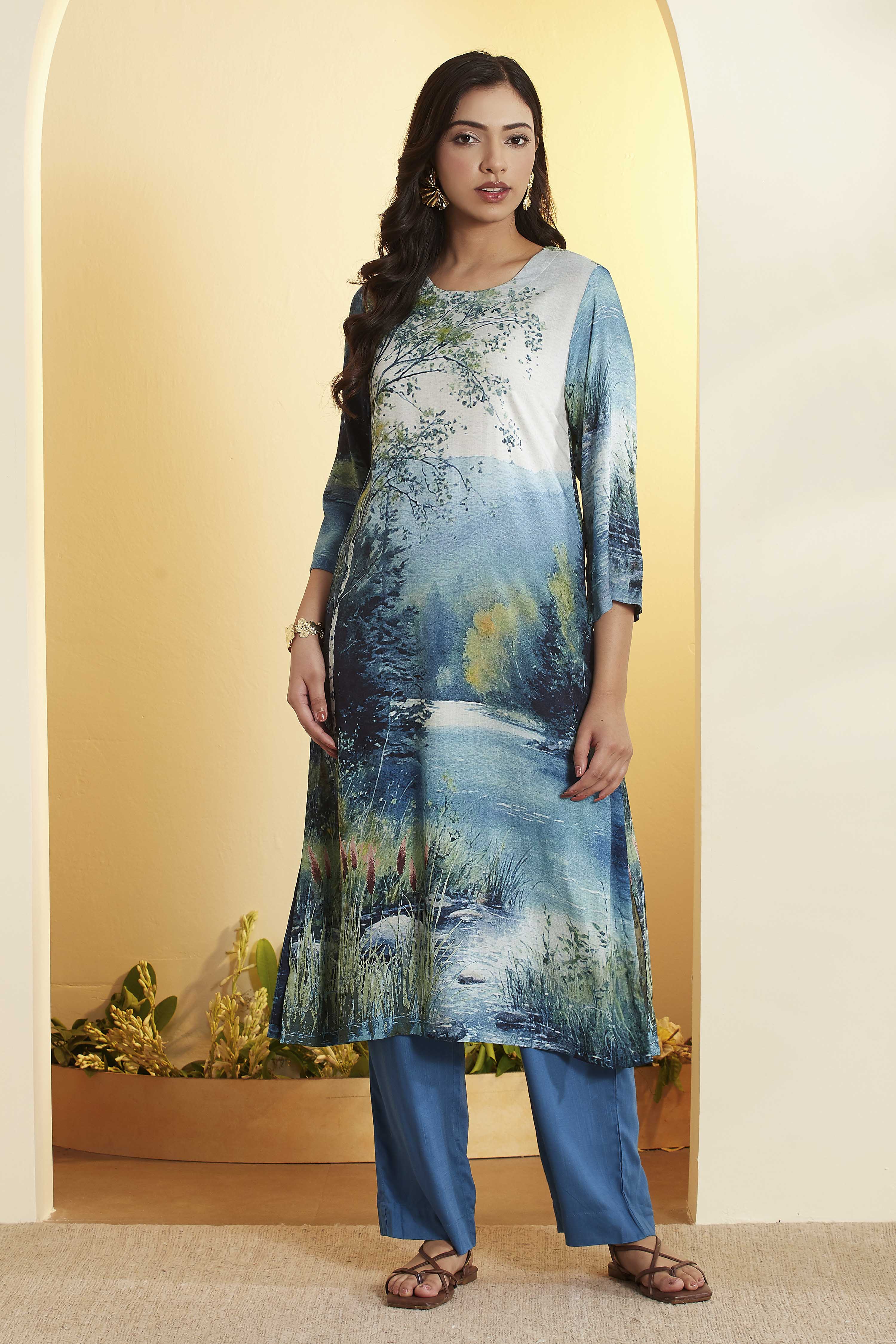 Beige Rayon Slub Straight Kurta Pants Set image number 6