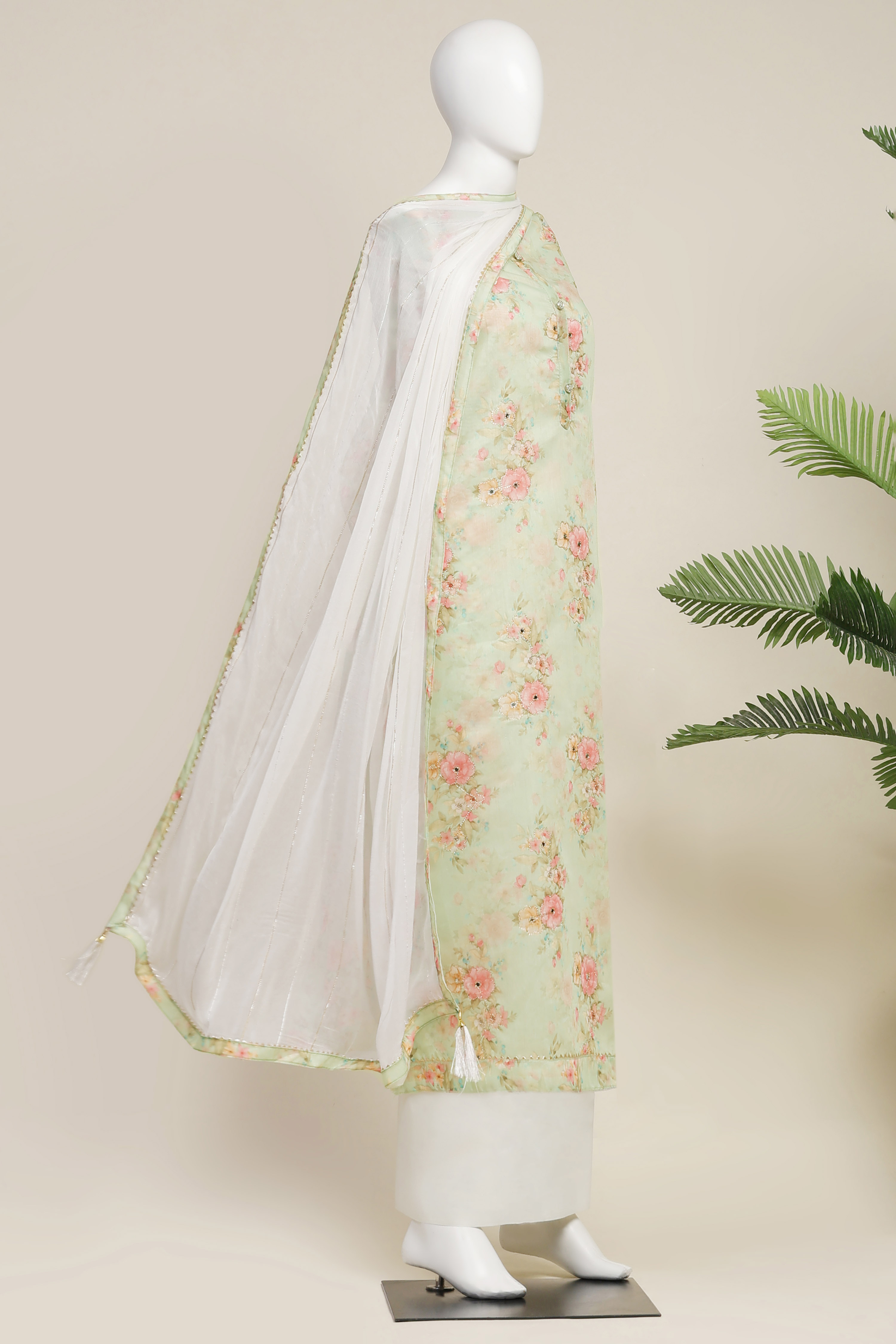 Peach Chanderi  Printed Unstitched Suit Set image number 4