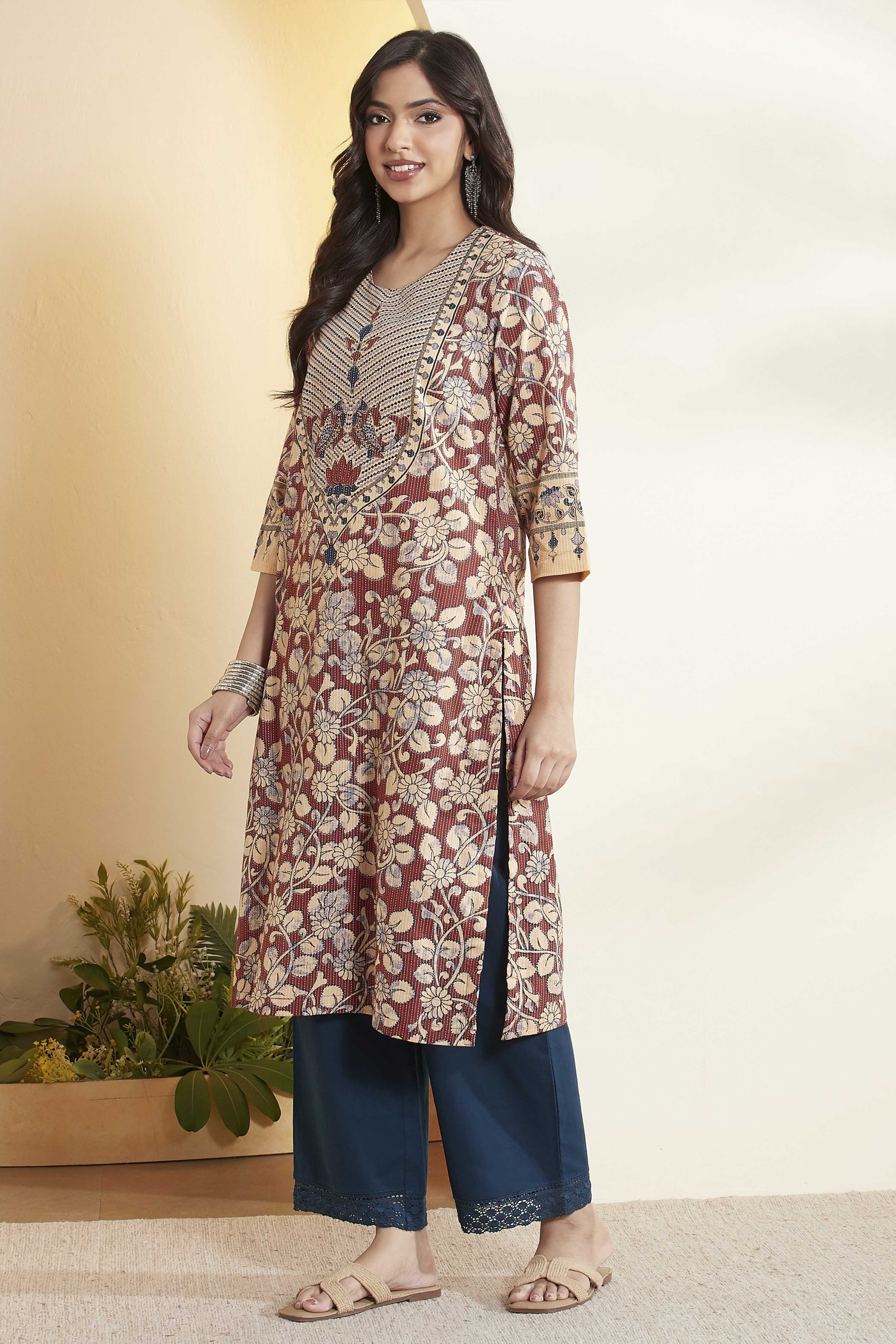 Rust Cotton Floral Printed Straight Kurta image number 3
