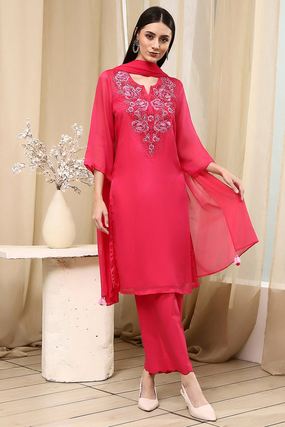 Fuchsia Embroidered Straight Suit Set image number 7
