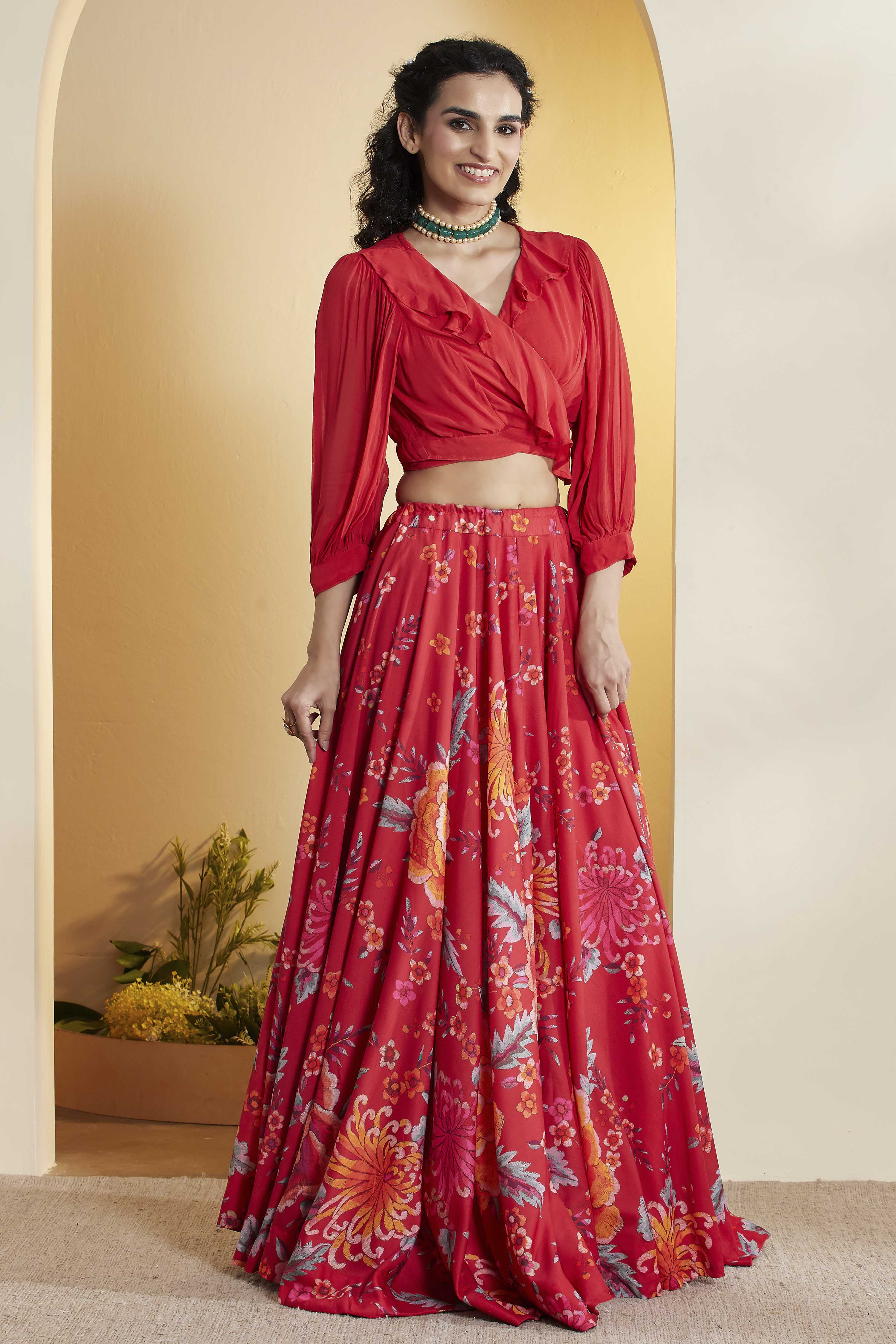 Red Viscose Rayon Front Open Lehenga Set image number 5