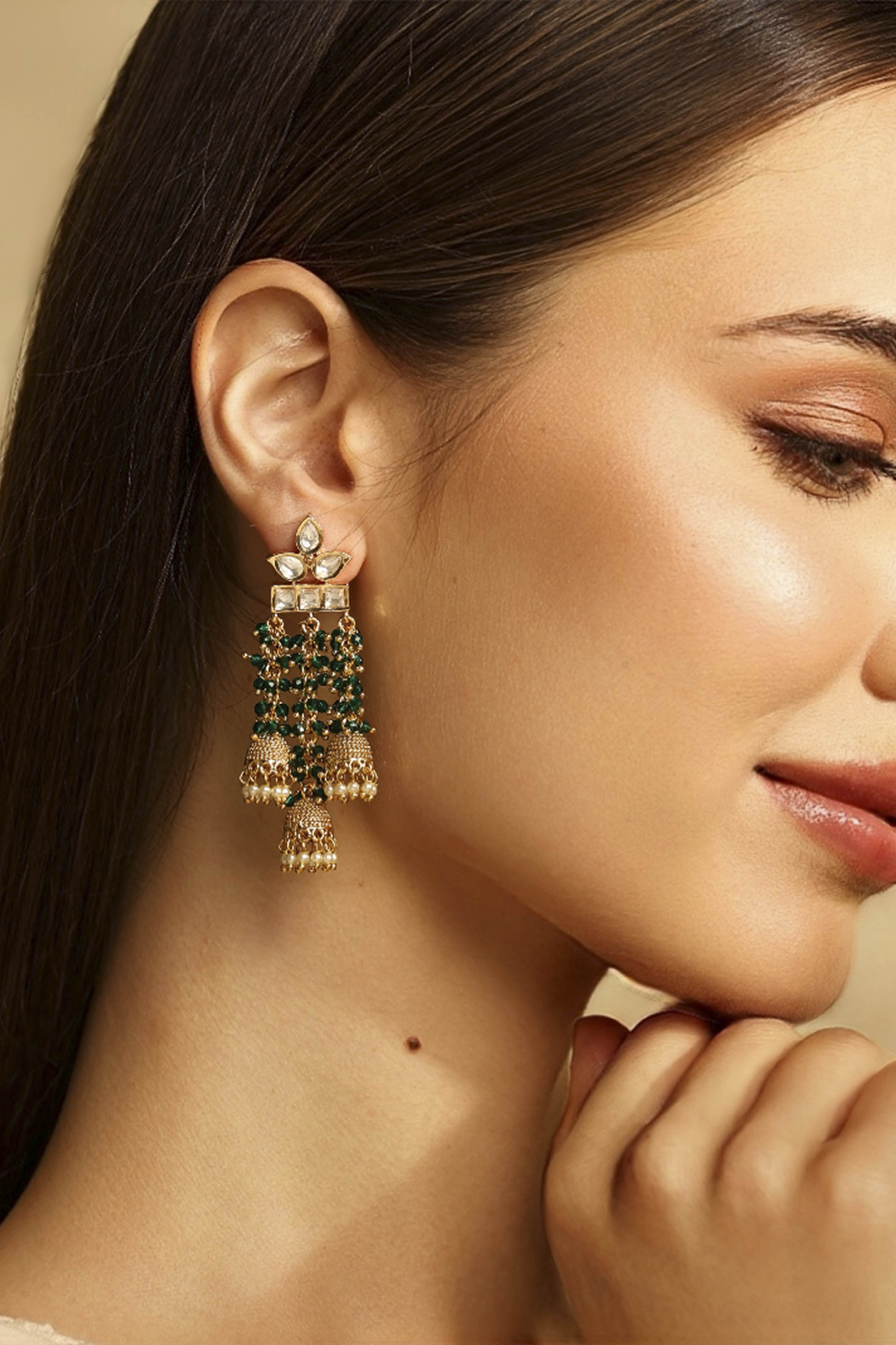 Green Brass Gold-Plated Drop and Dangler Earrings image number 1