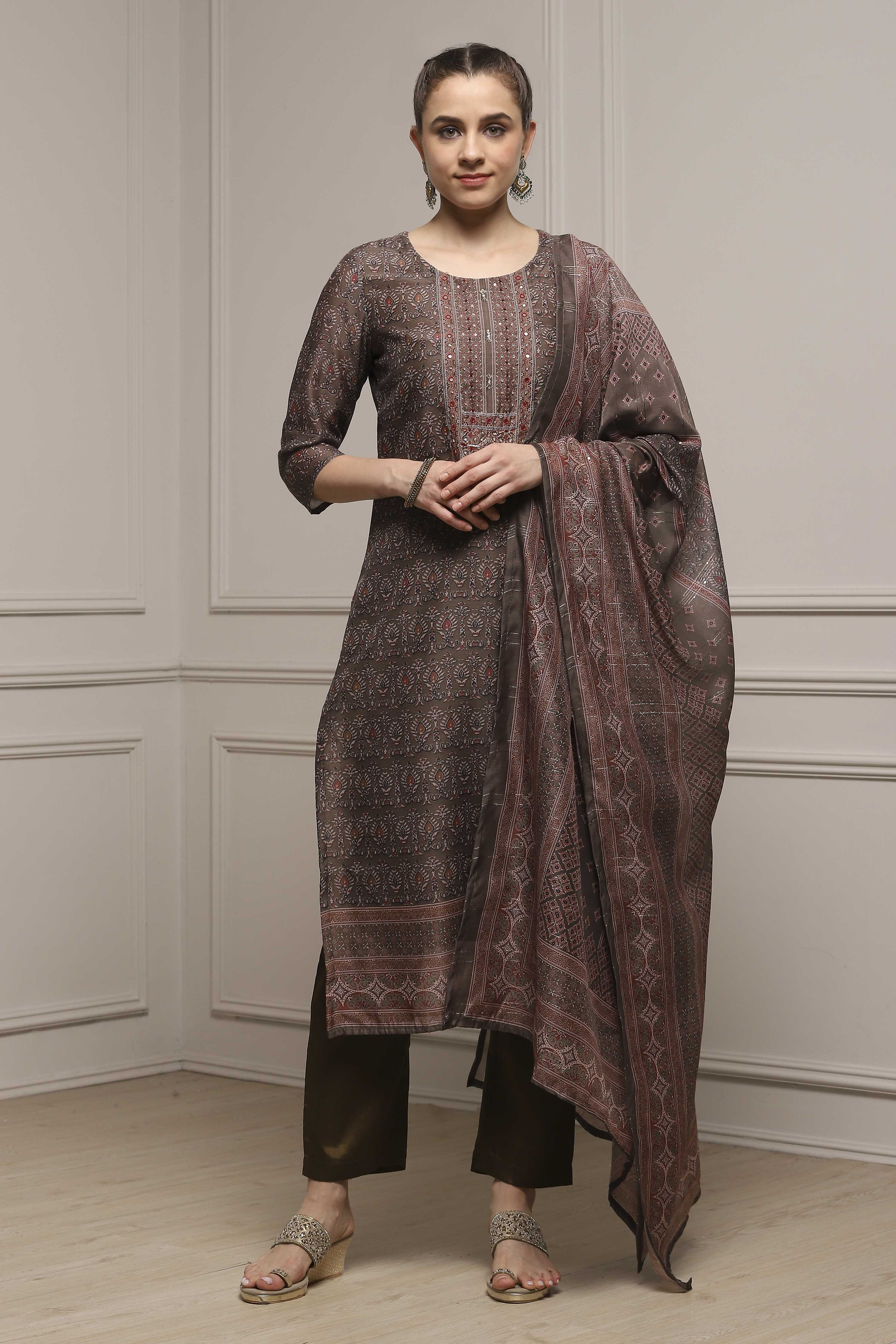 Green Chanderi Blend Printed Embroidered Unstitched Suit Set image number 1