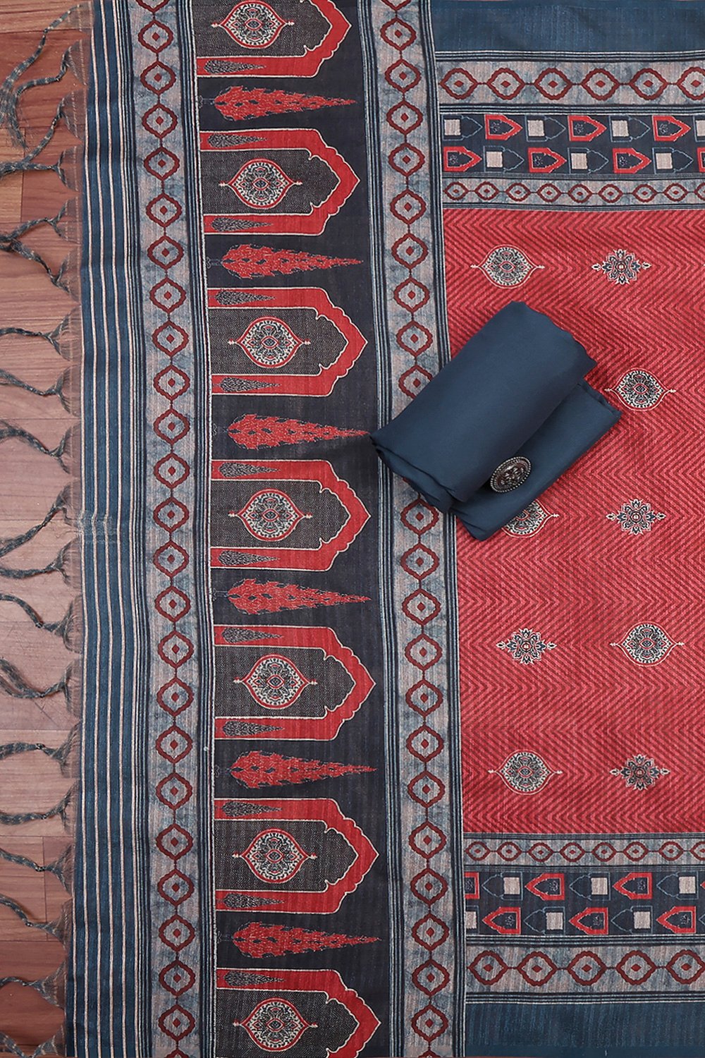 Blue Chanderi Printed Unstitched Suit Set image number 3