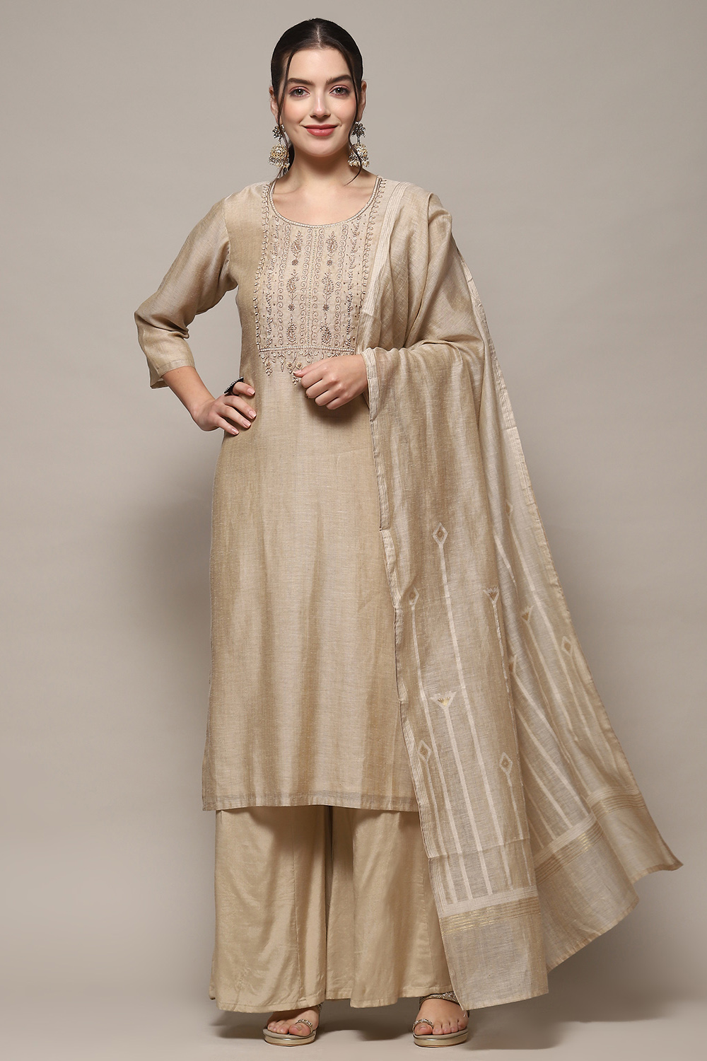 Off White Chanderi Blend Unstitched Suit set image number 1