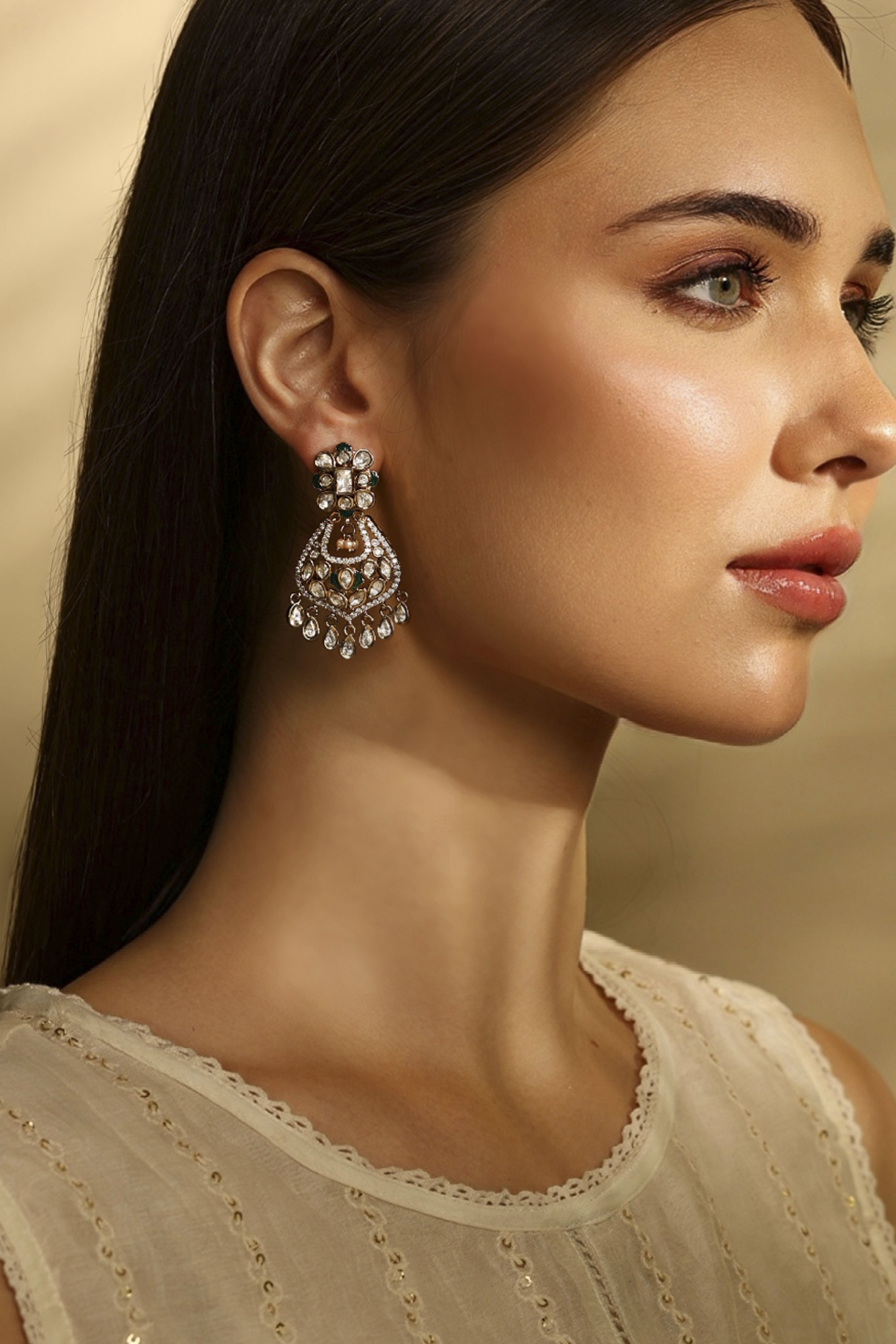 Green Gold-Plated Brass Accent Drop Earrings image number 3