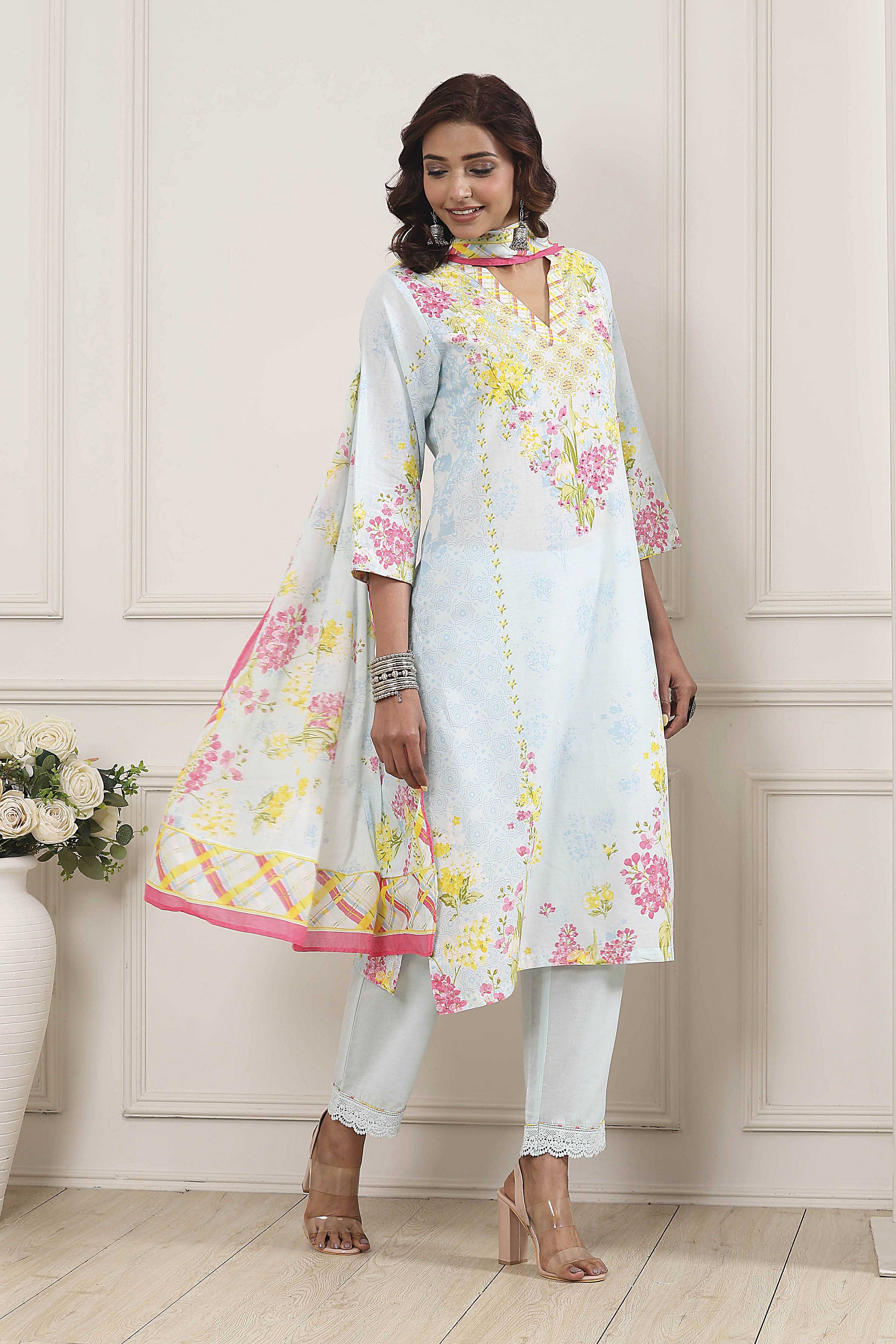 Powder Blue Cotton Printed Straight Suit Set image number 5