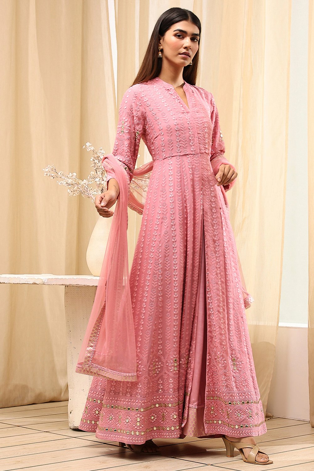 Powder Pink Viscose Front Open Suit Set image number 4