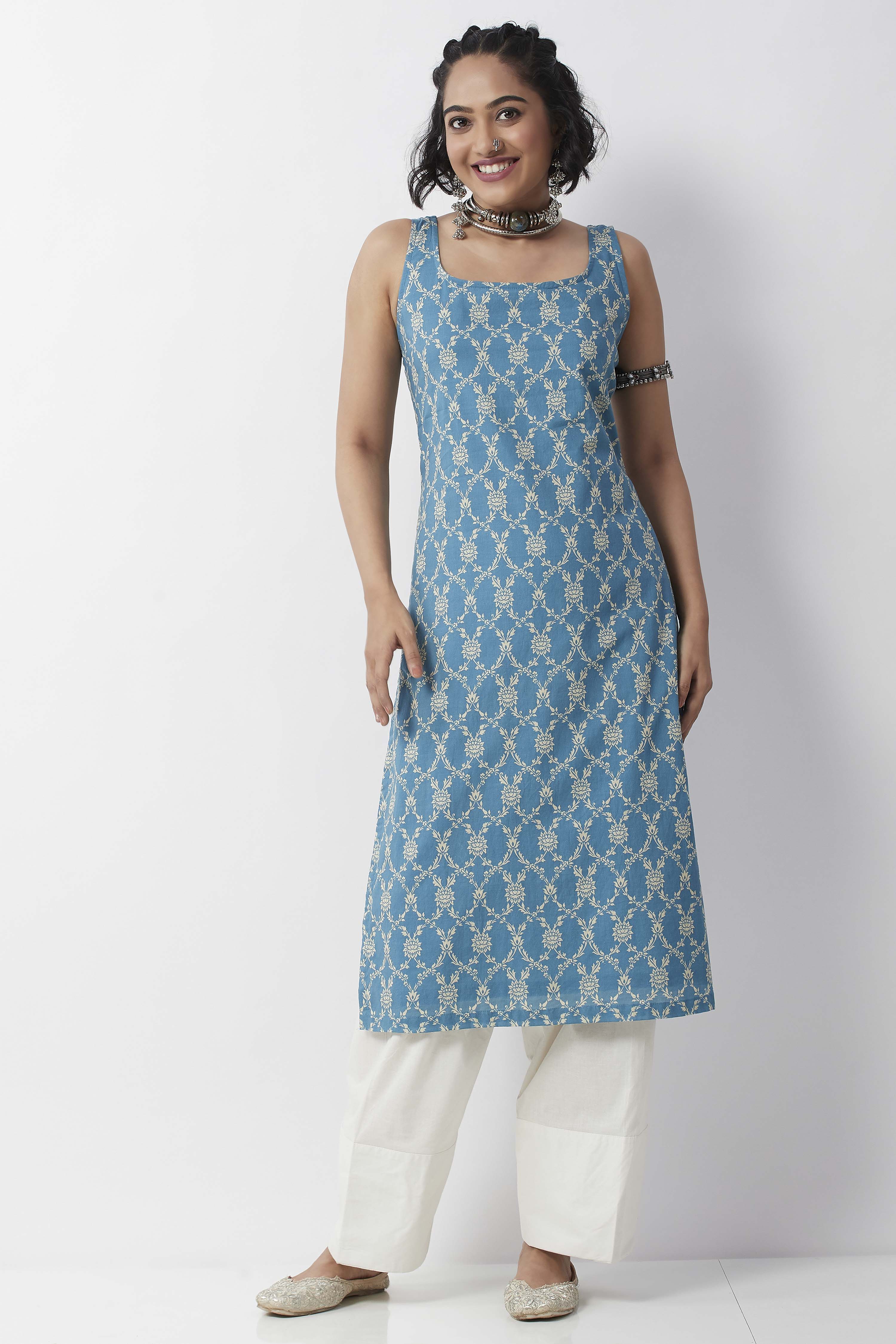 Teal Blue Cotton Floral Printed Straight Kurta image number 6