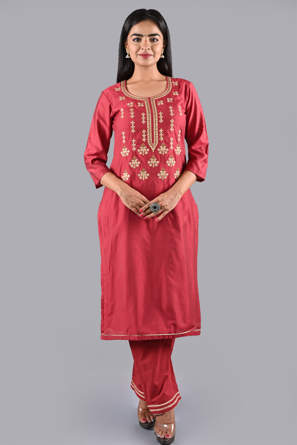 Red Muslin Cotton Easy Stitch Suit Set image number 2
