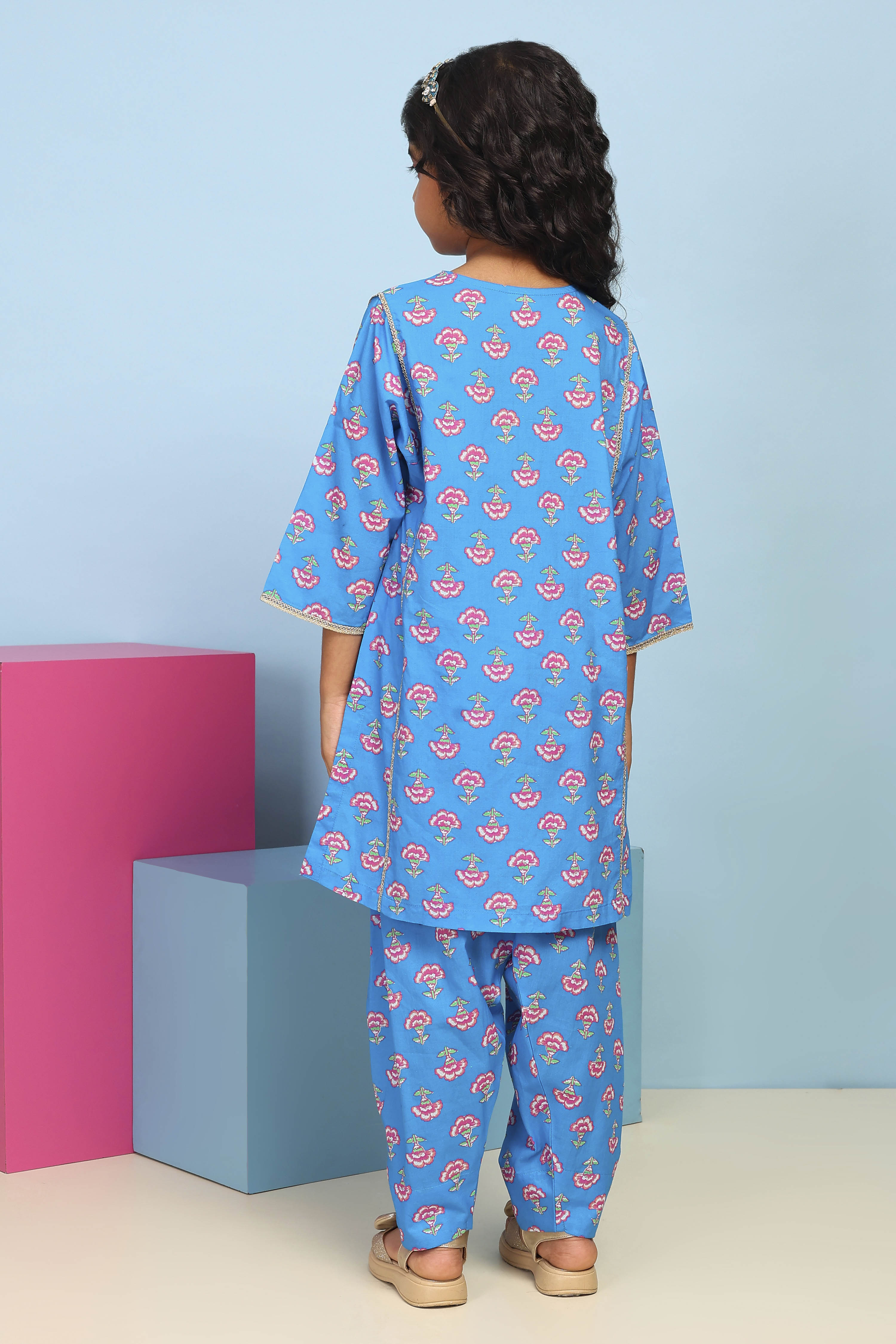 Blue Cotton Printed Straight Suit Set image number 3