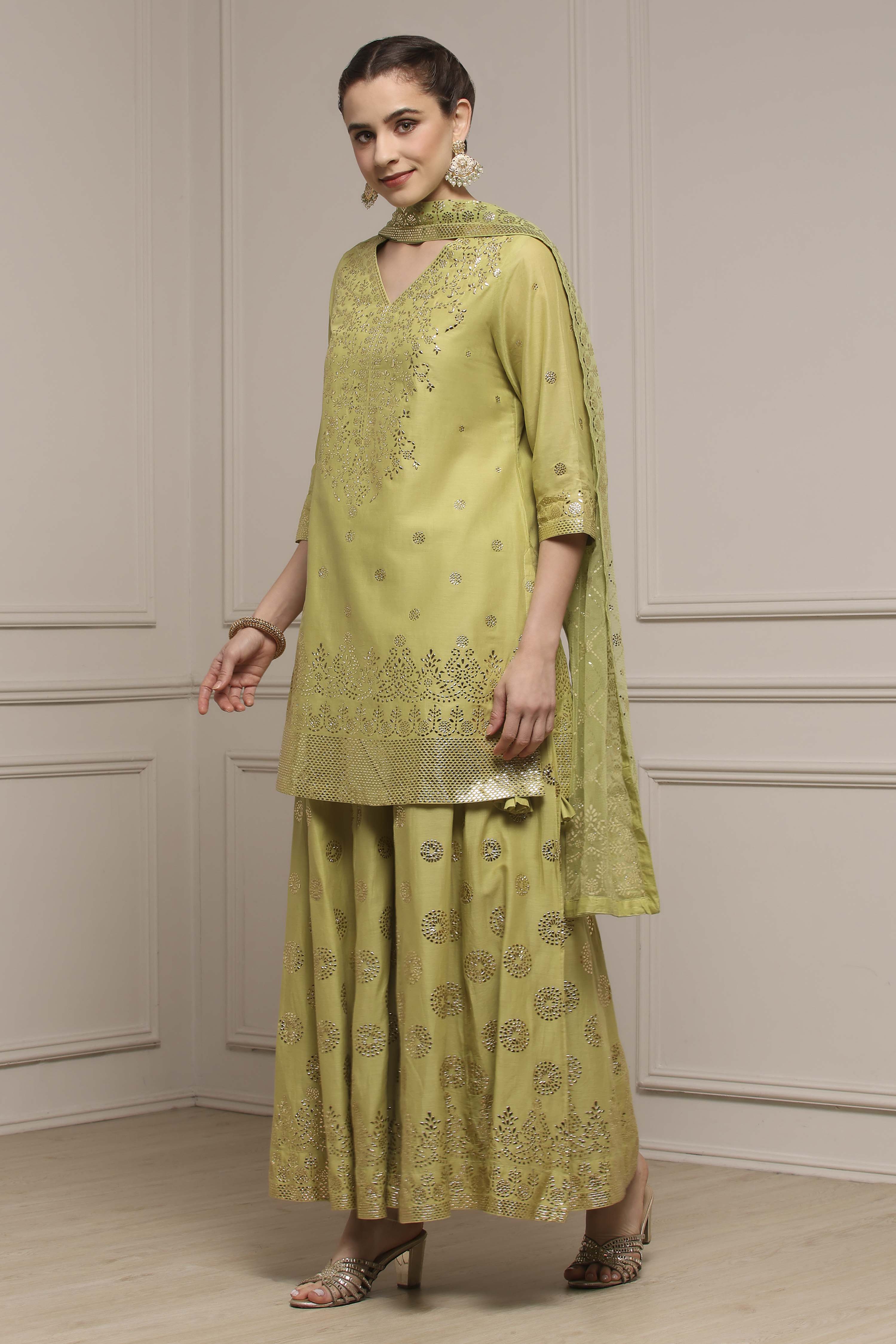 Green Cotton Printed Sharara Suit Set image number 3