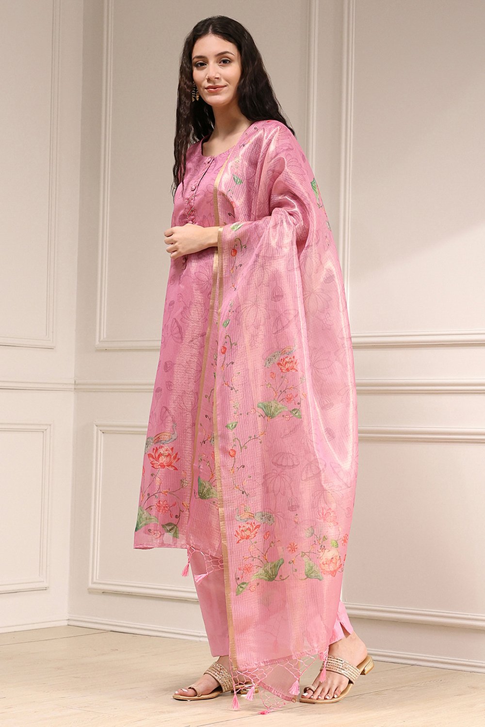 Pink Cotton Printed Unstitched Suit Set image number 4