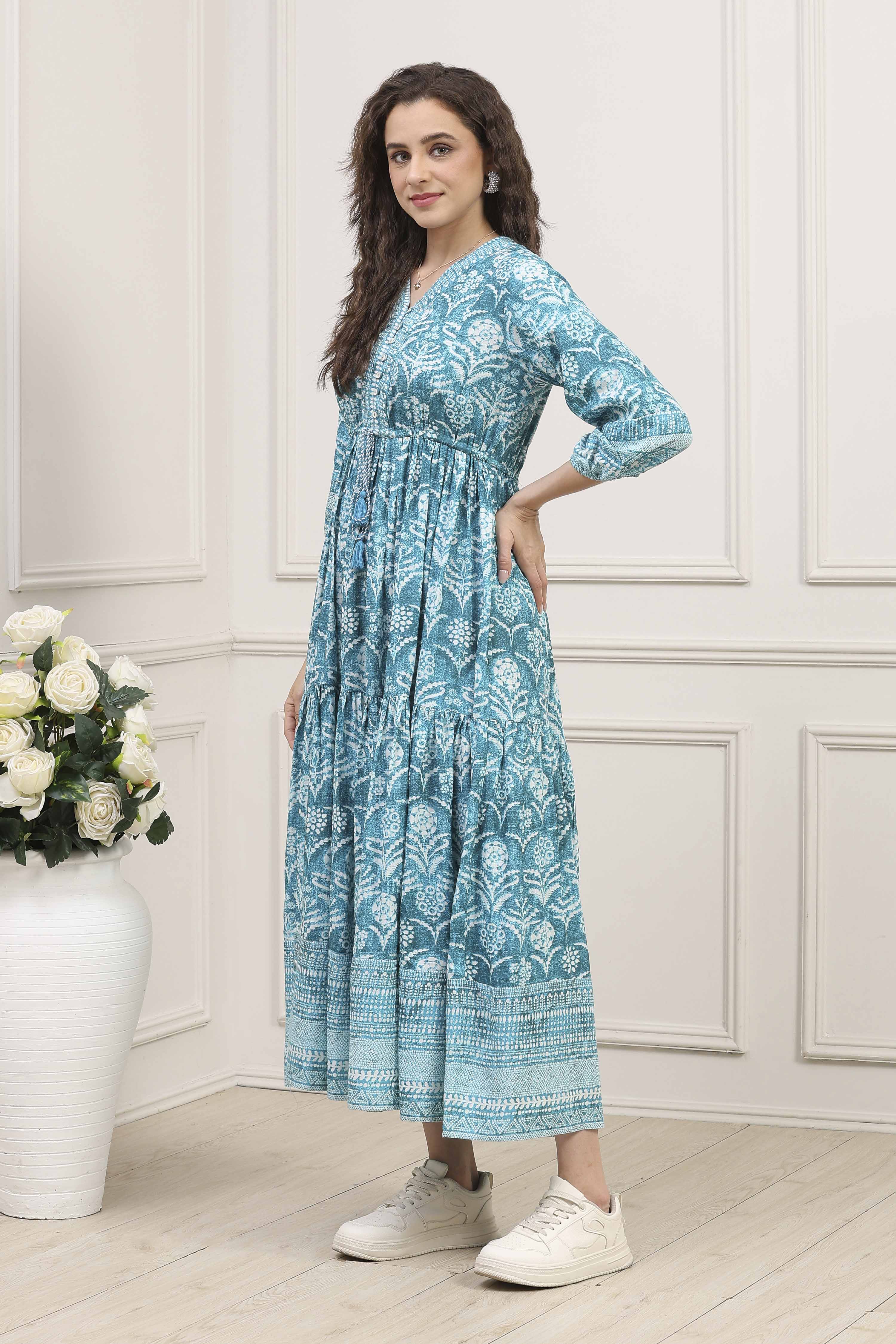 Turquoise Printed Tiered Dress image number 2
