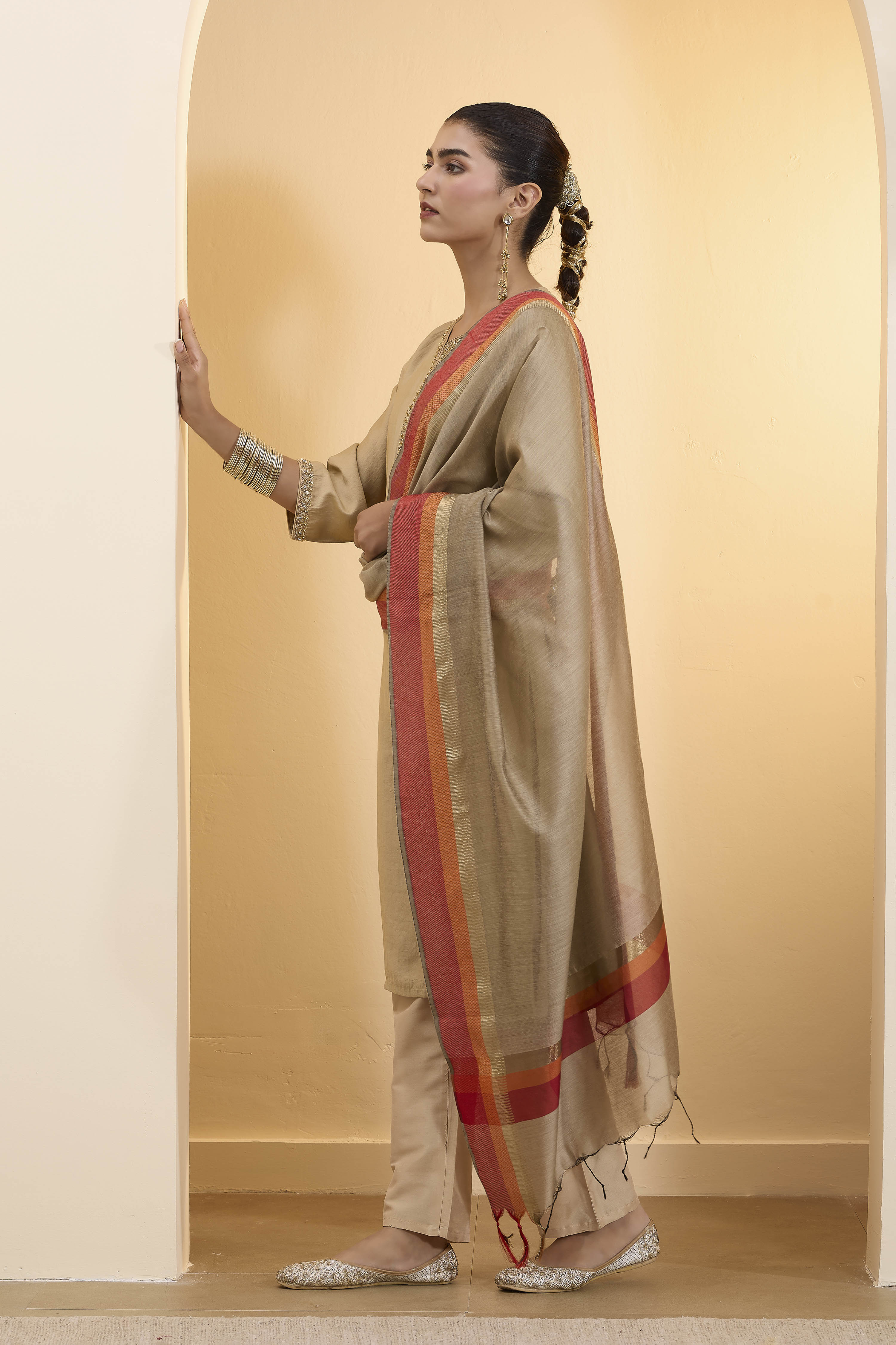Dark Gold Poly Loom Side Striped Dupatta image number 1