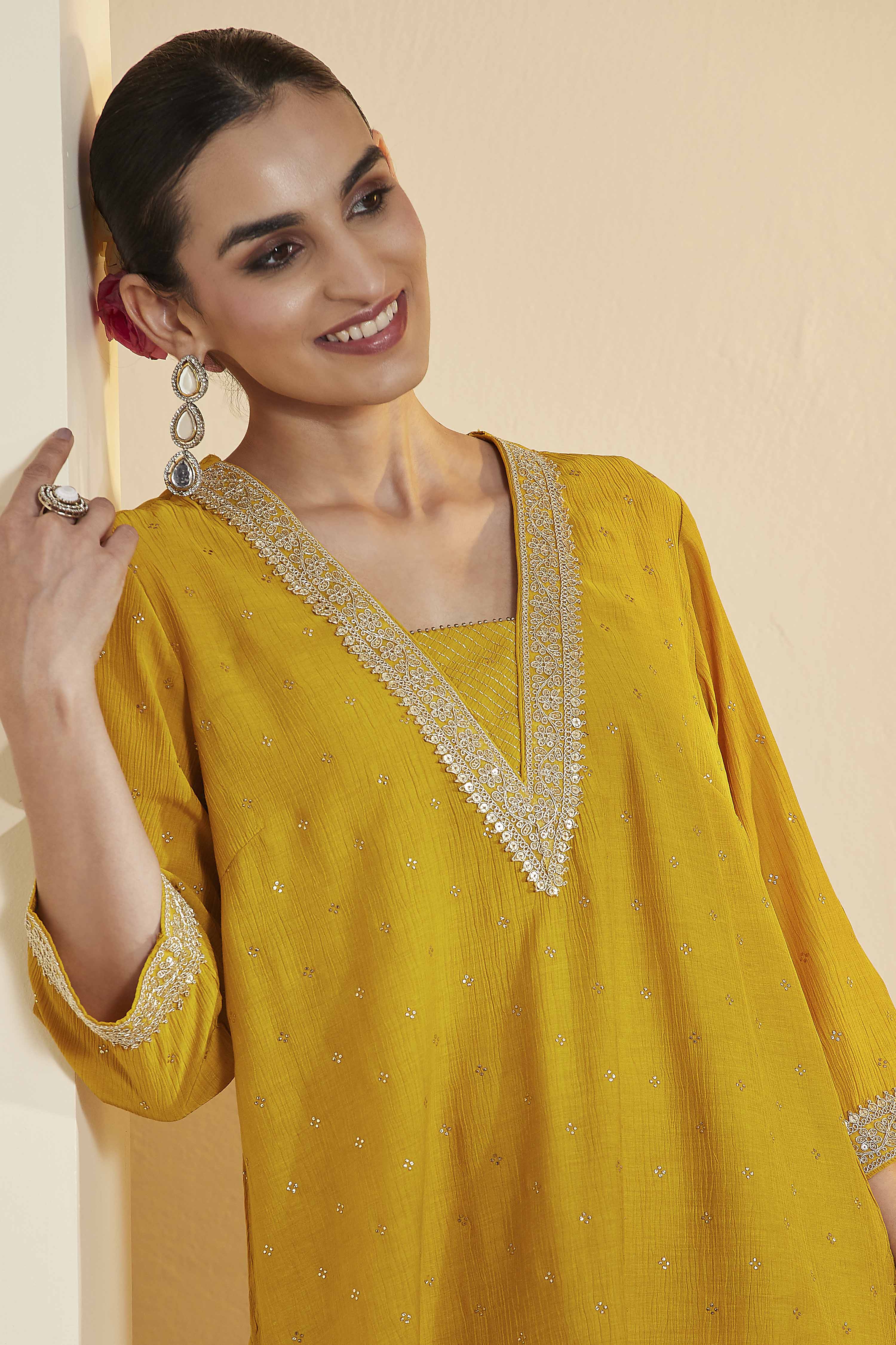 Yellow Viscose Blend Straight Suit Set image number 1