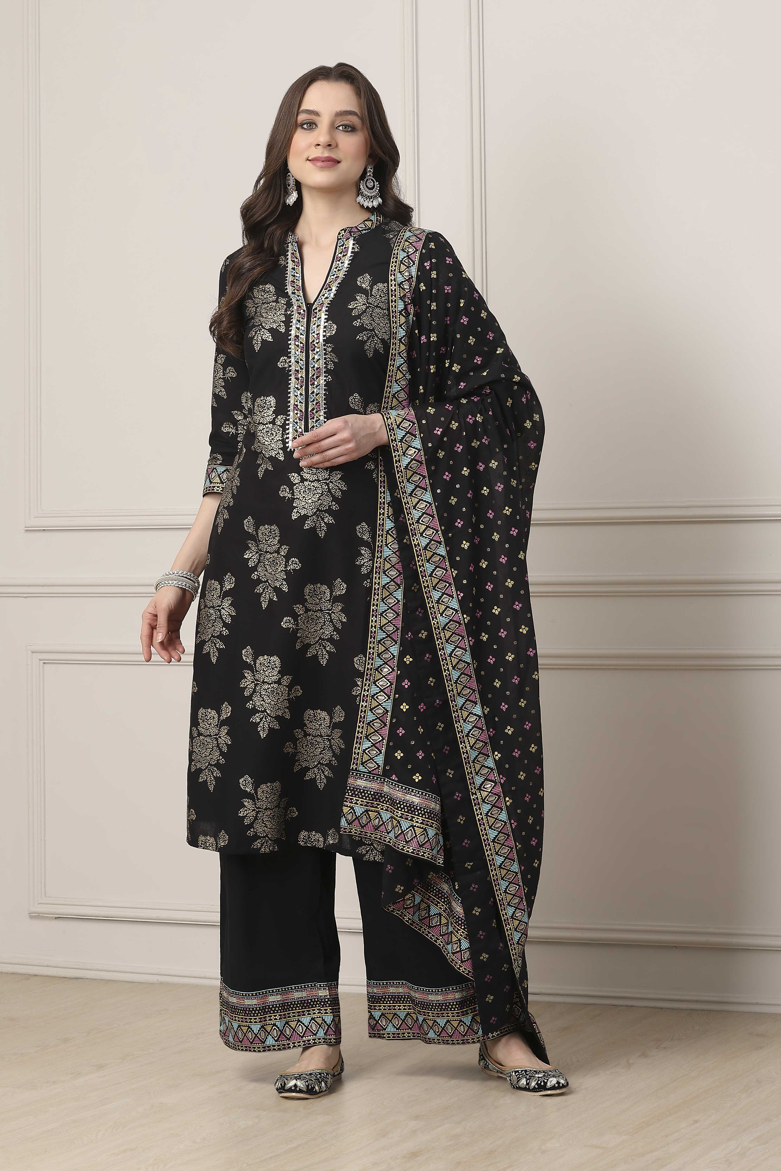 Black Cotton Straight Kurta Palazzo Suit Set image number 6