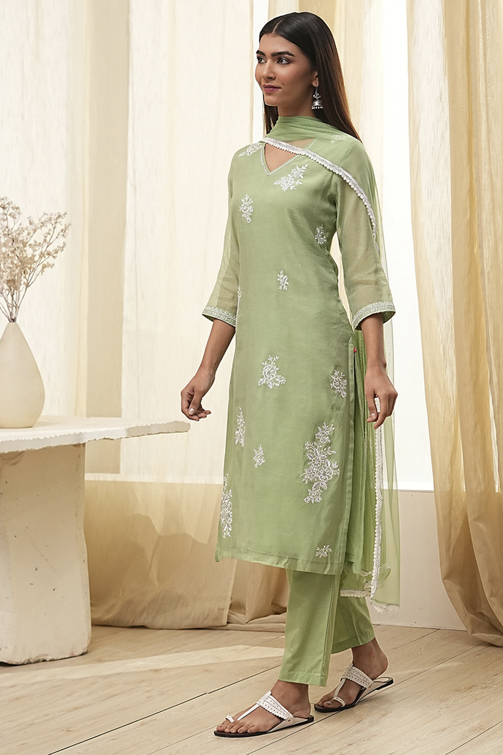 Aqua Embroidered Straight Suit Set image number 3