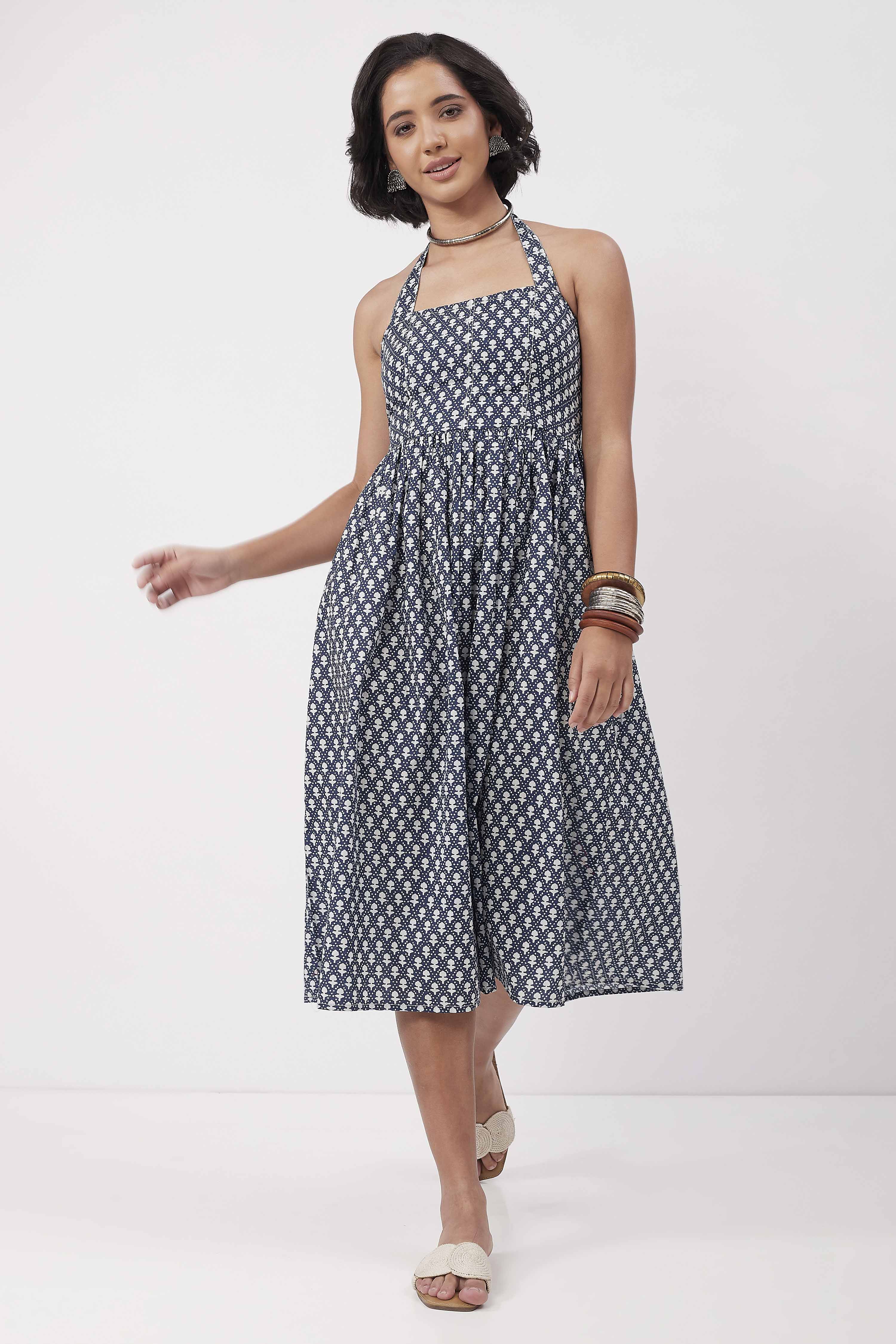 Indigo Cotton Printed Straight Dress image number 2