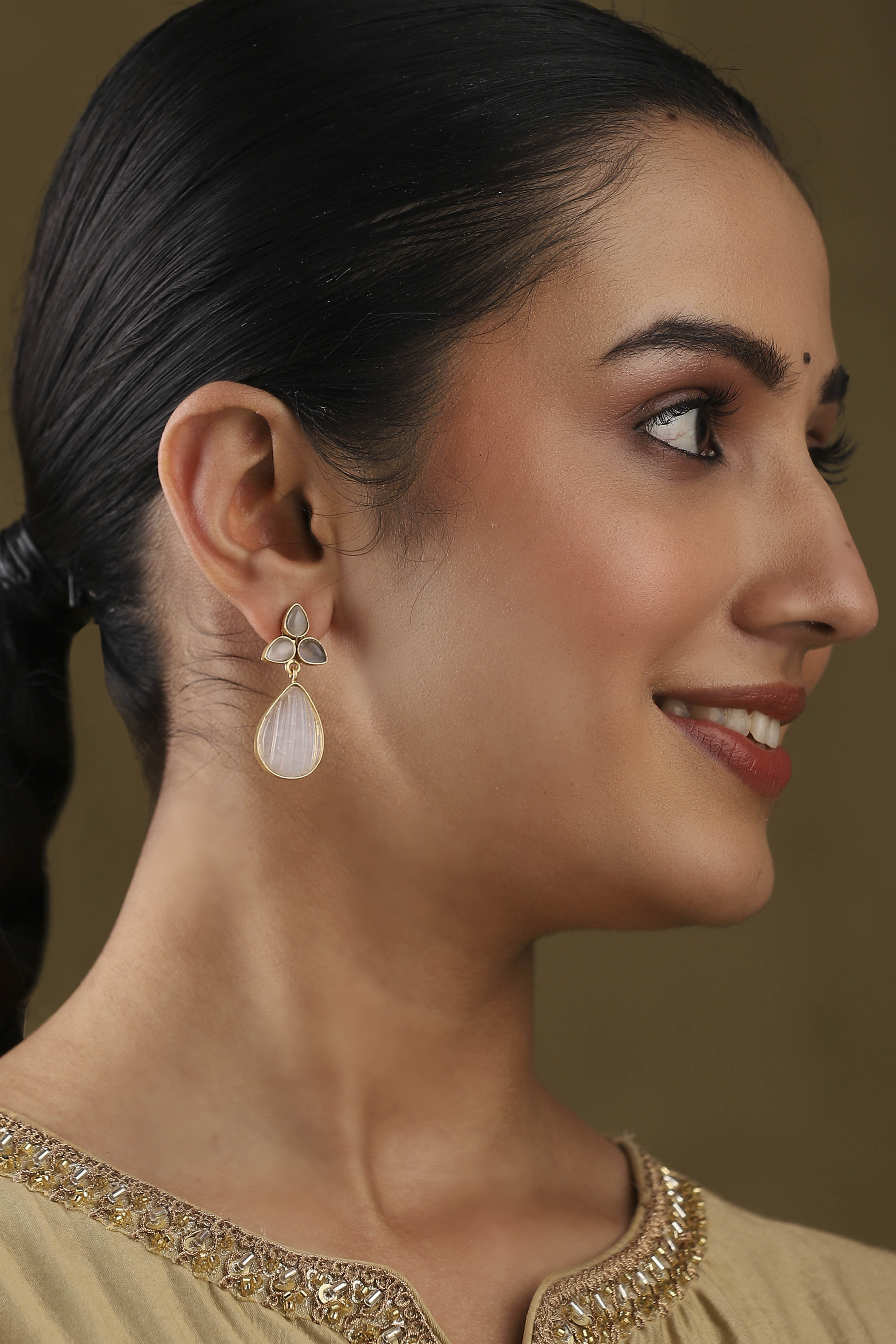 White Gold Plated Brass Studded Drop Earrings image number 3