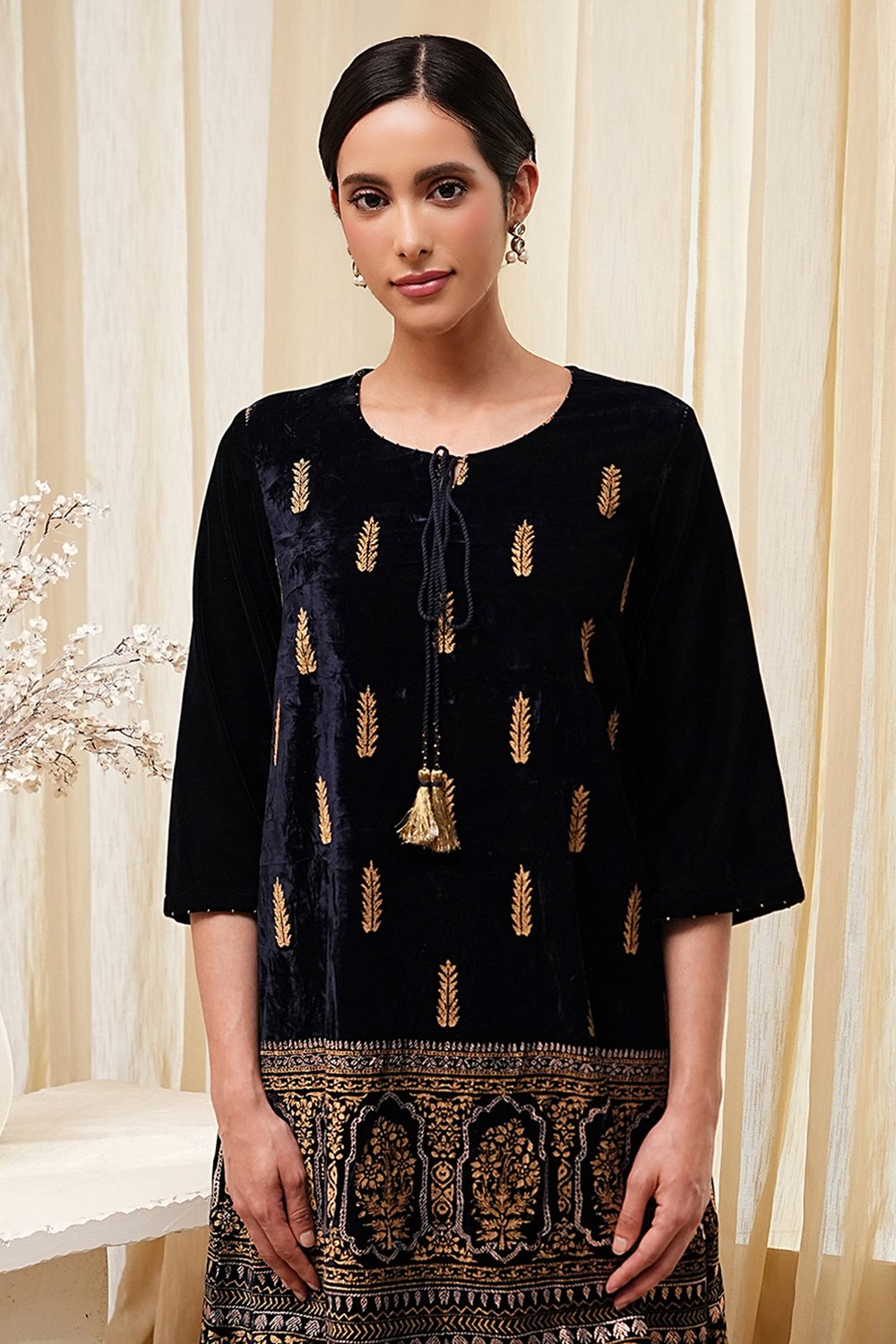 Navy Blue Polyester Straight Kurta Pants Set image number 1