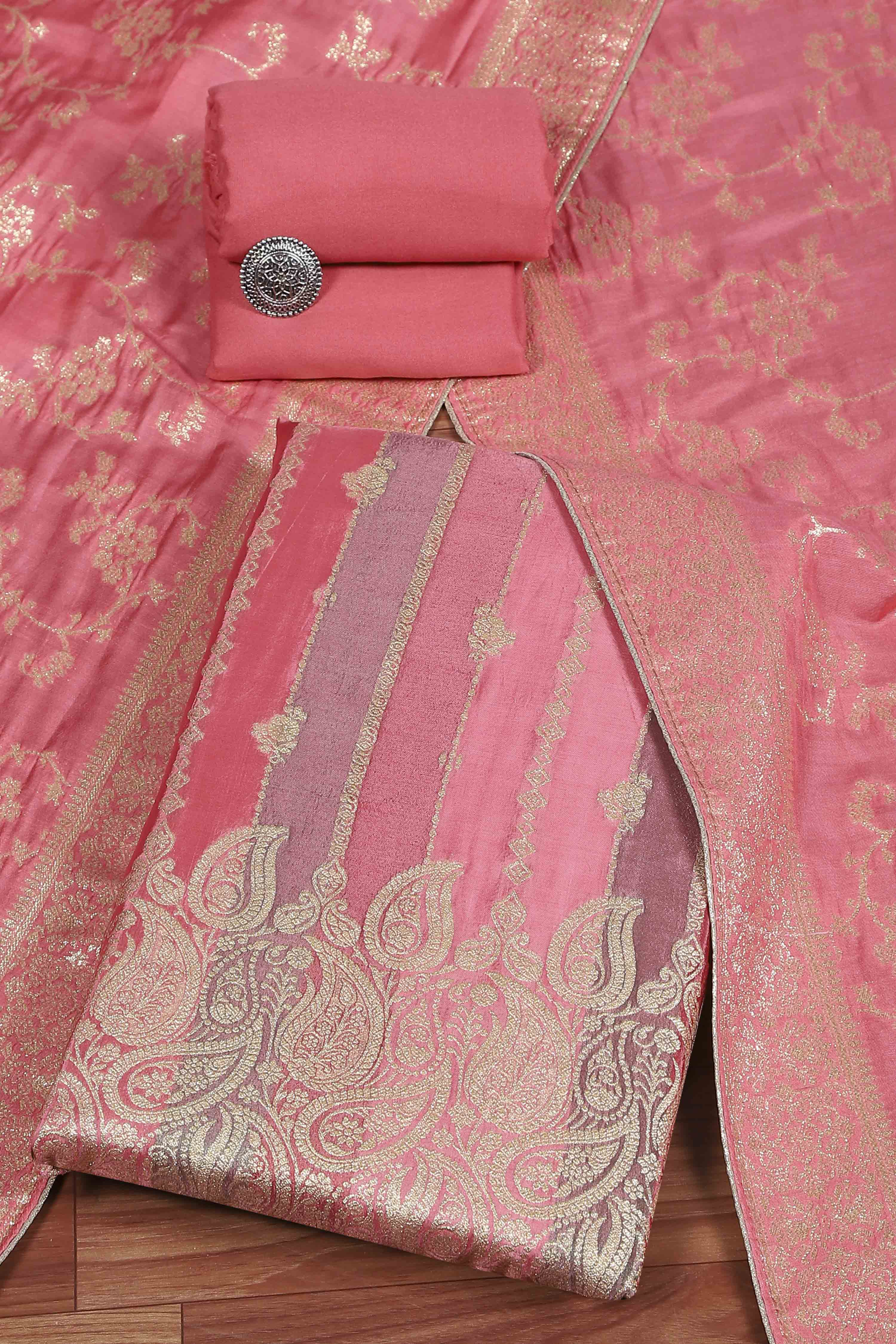 Pink Cotton Printed Embroidered Unstitched Suit Set image number 0