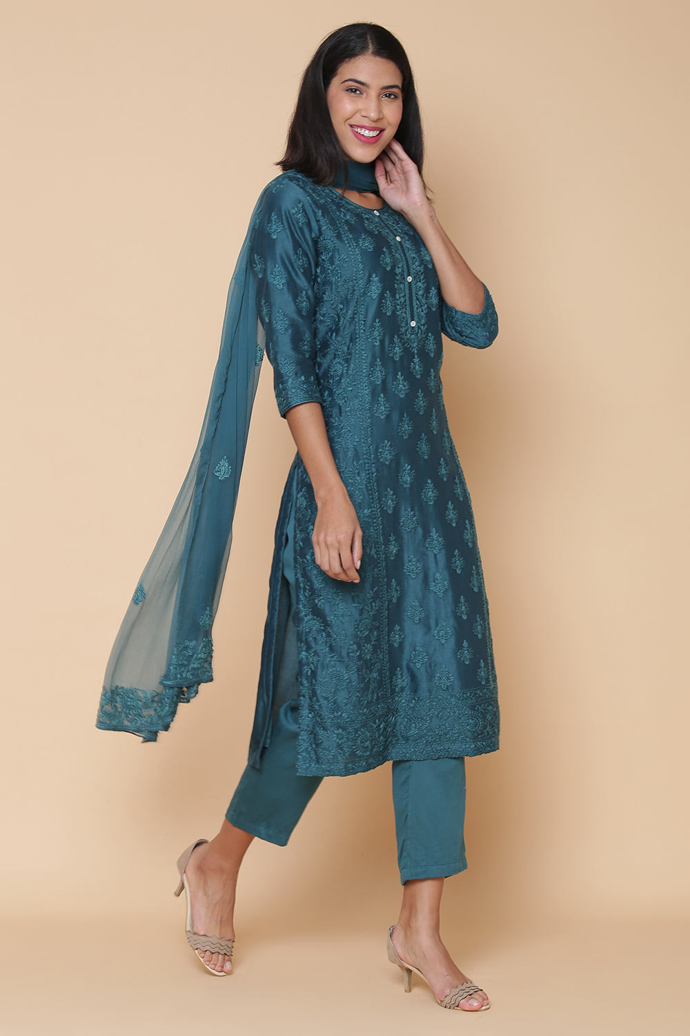 Teal Cotton Silk Straight Kurta Pant Suit Set image number 7