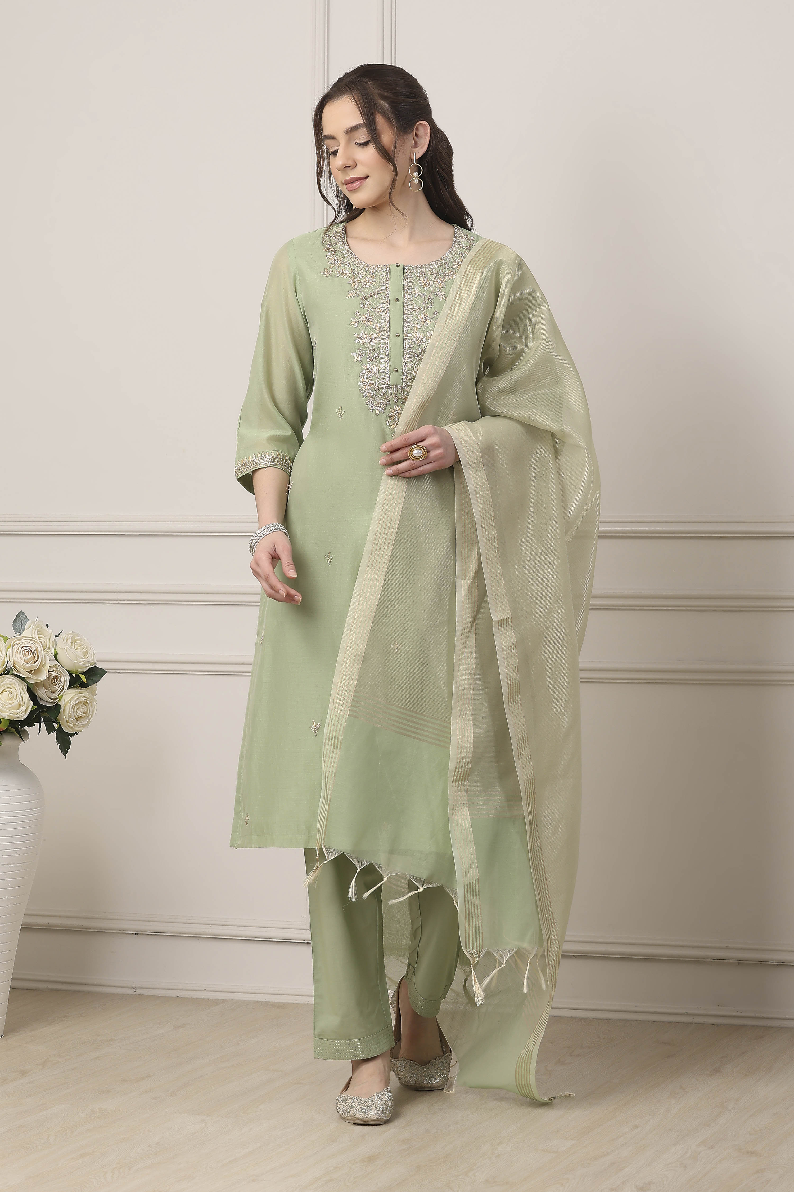 Green Poly Chanderi Sequin Embroidered Straight Suit Set image number 6