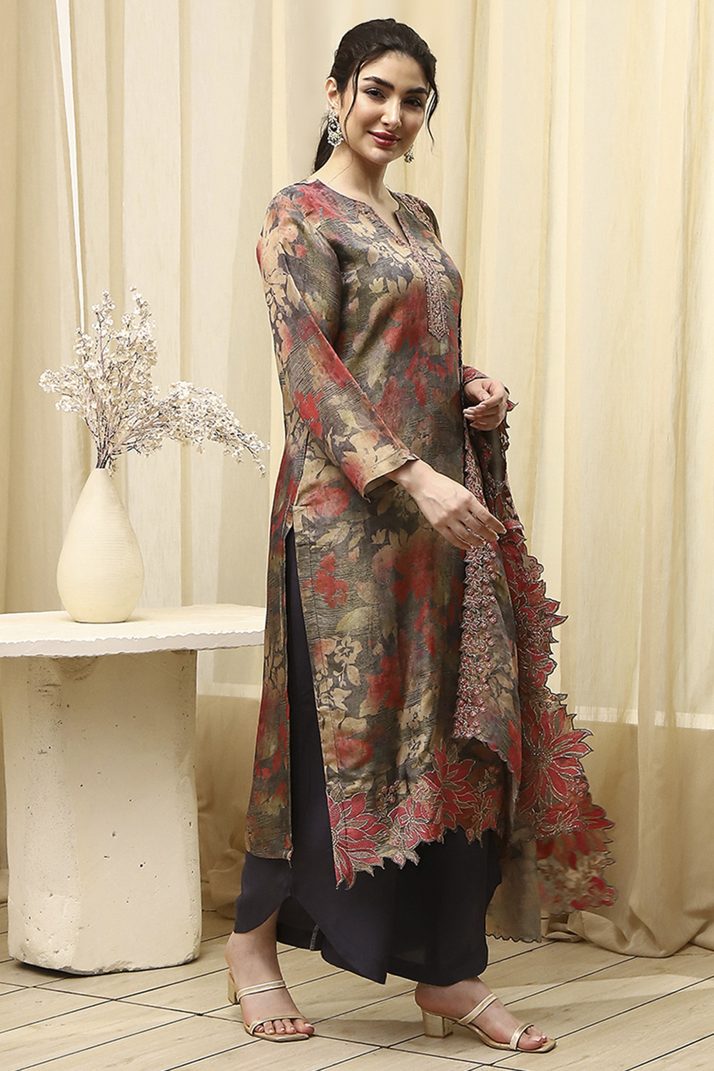 Grey Tissue Printed Embroidered Unstitched Suit Set image number 6