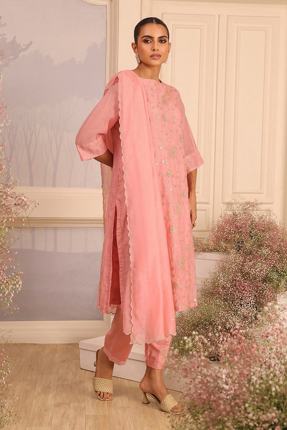 Pink Silk A-Line Embroidered Suit Set image number 5