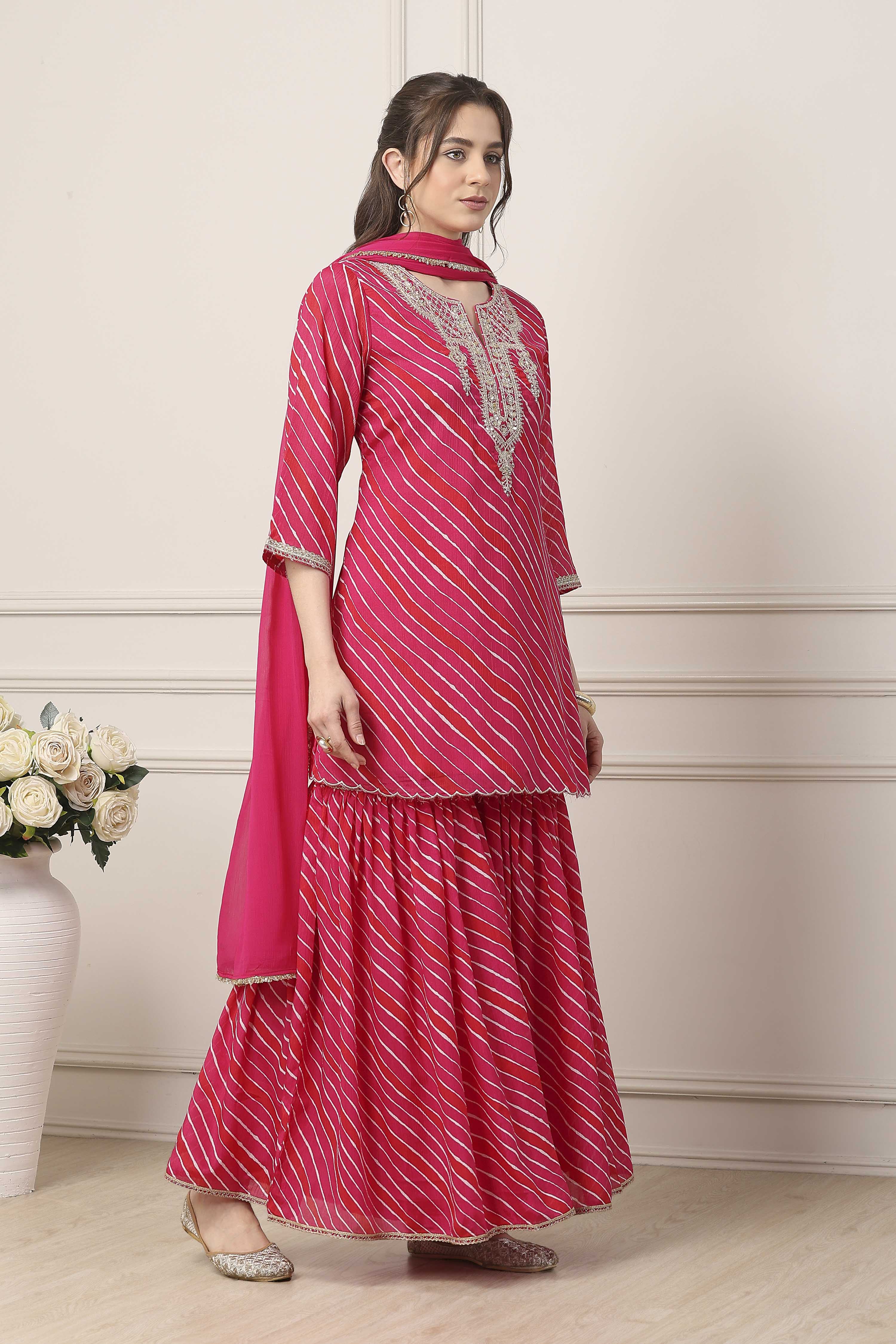 Pink Striped Yoke Design Straight Suit Set image number 5