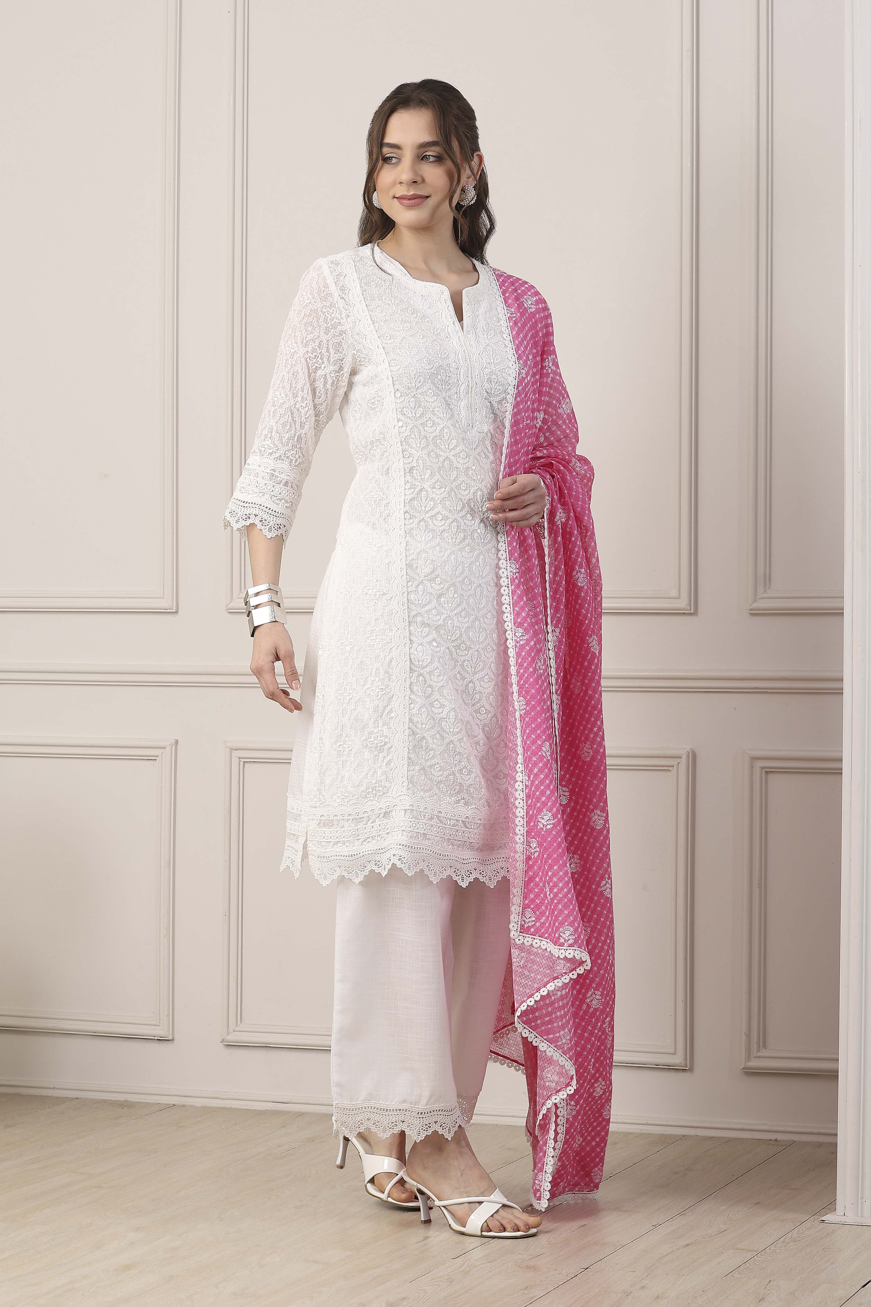 White Cotton Lace Embroidered Straight Suit Set image number 5