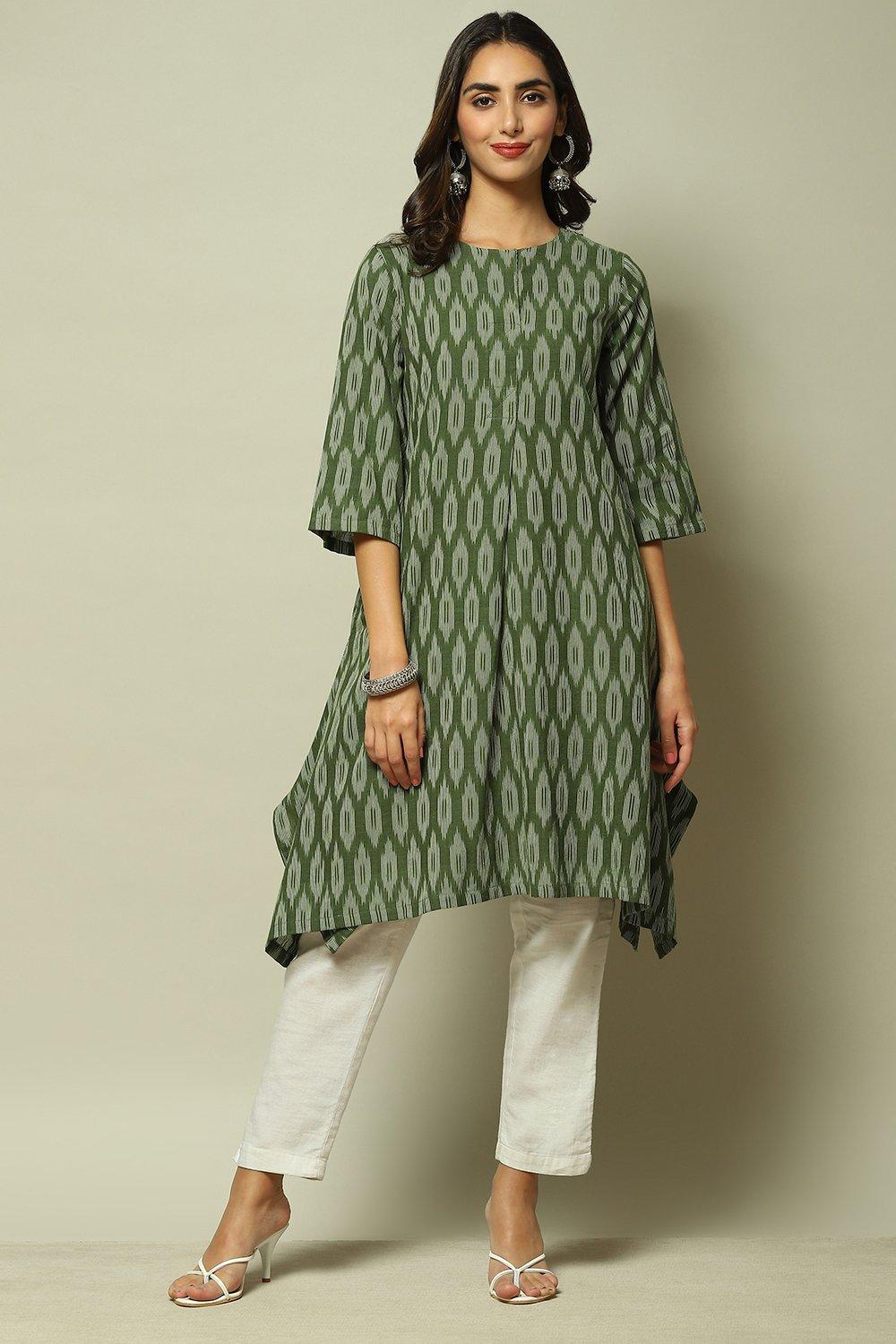 Dark Green Cotton IKAT Straight Yarndyed Kurta image number 5