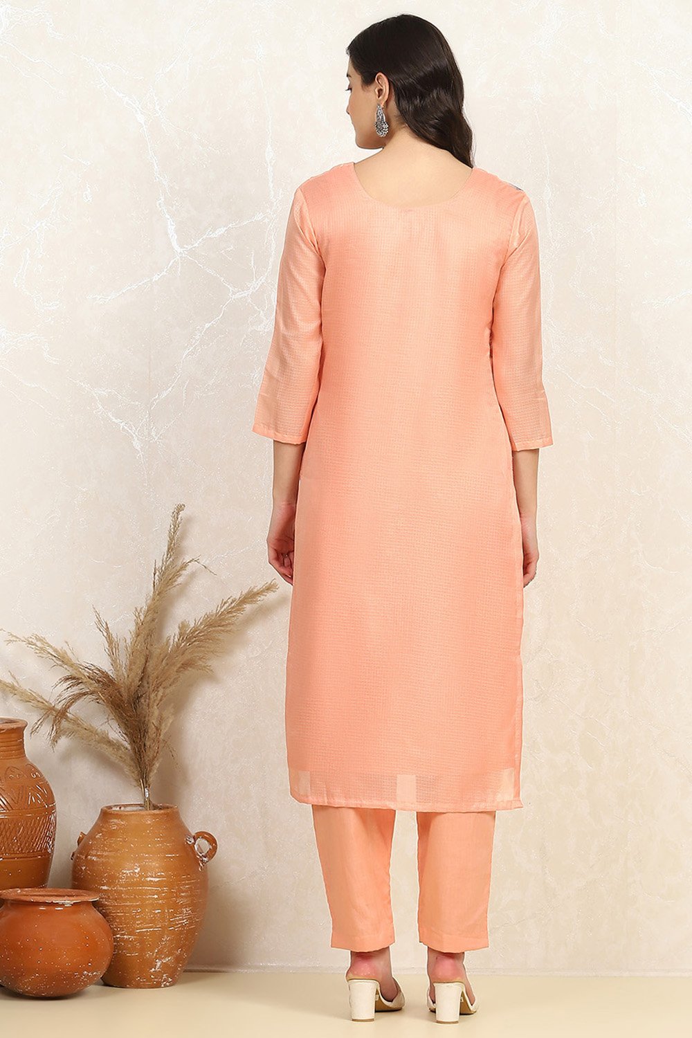 Peach Cotton Machine Embroidered Unstitched Suit Set image number 5
