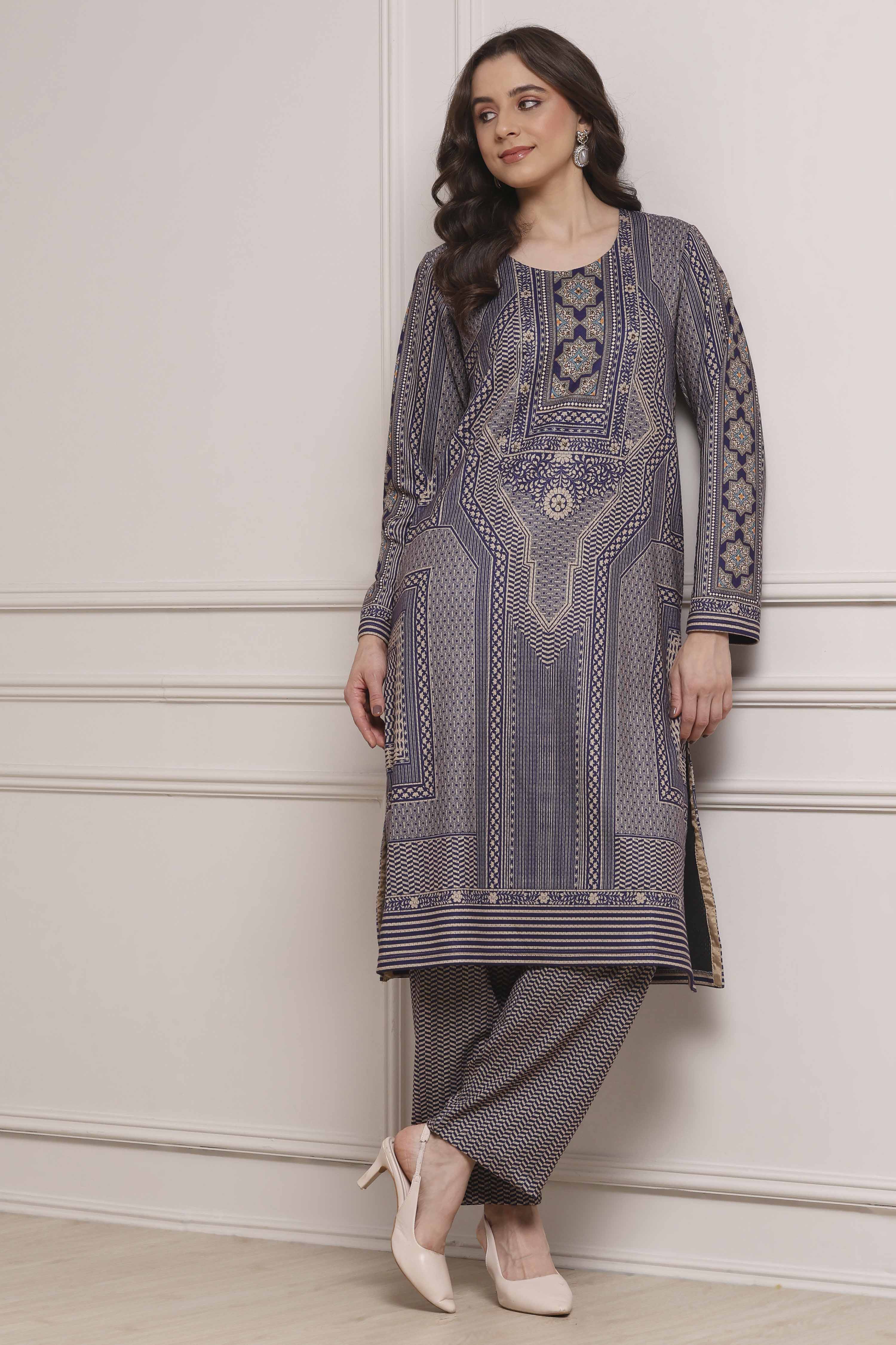 Blue Polyester Straight Printed Kurta Pants Set image number 0