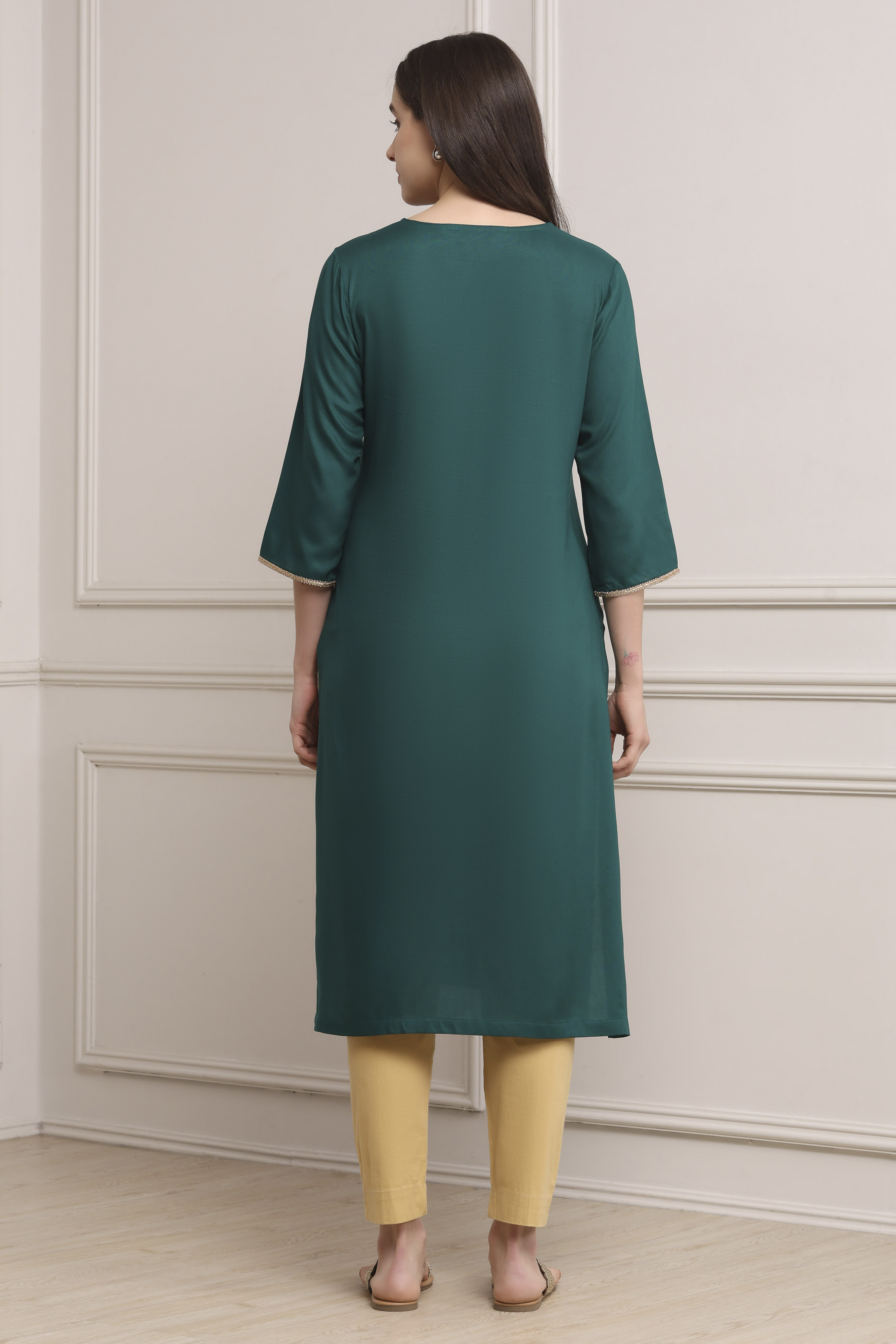 Teal Green Solid Straight Kurta image number 3