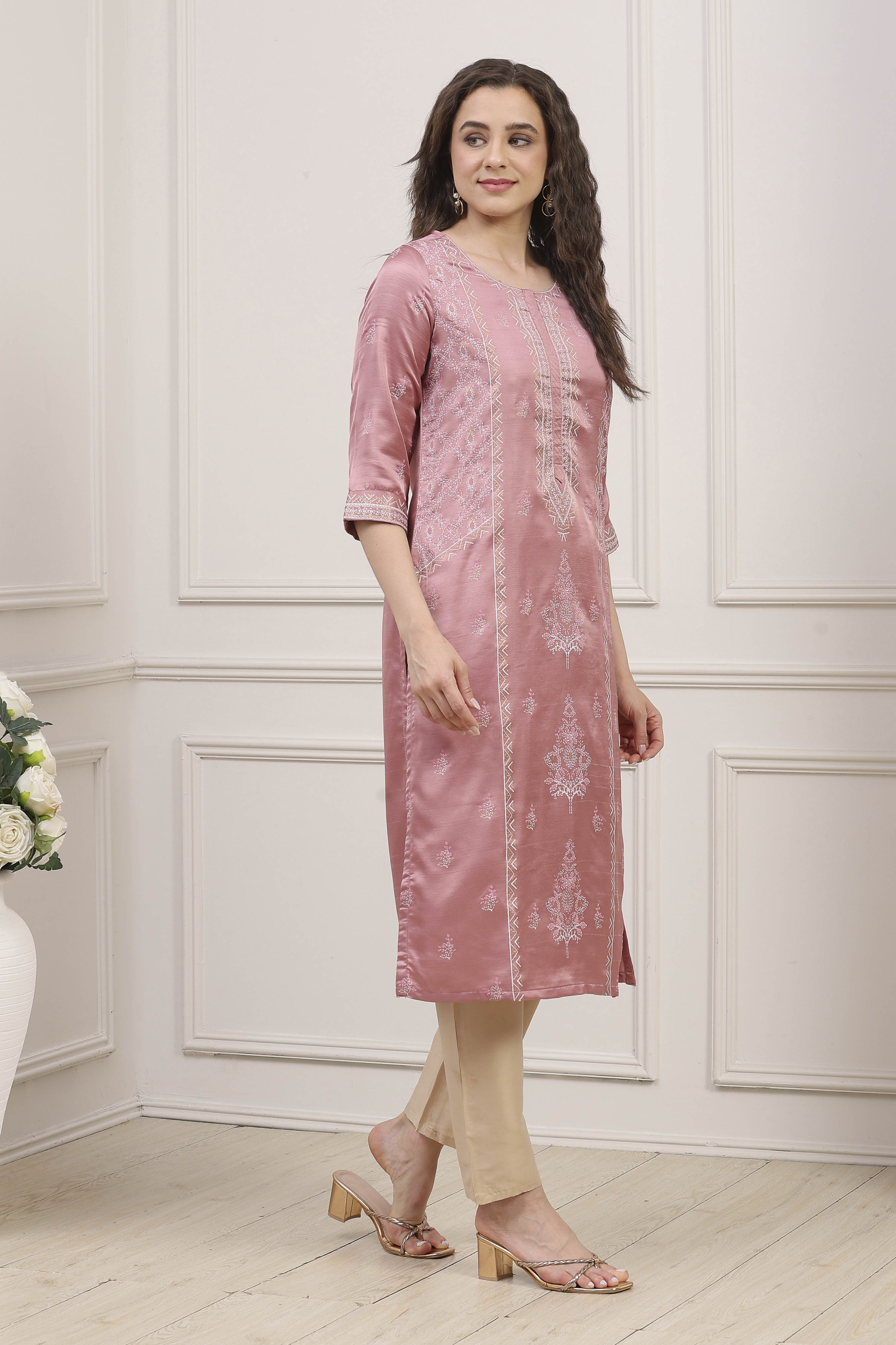 Dusty Pink Printed Straight Kurta image number 4
