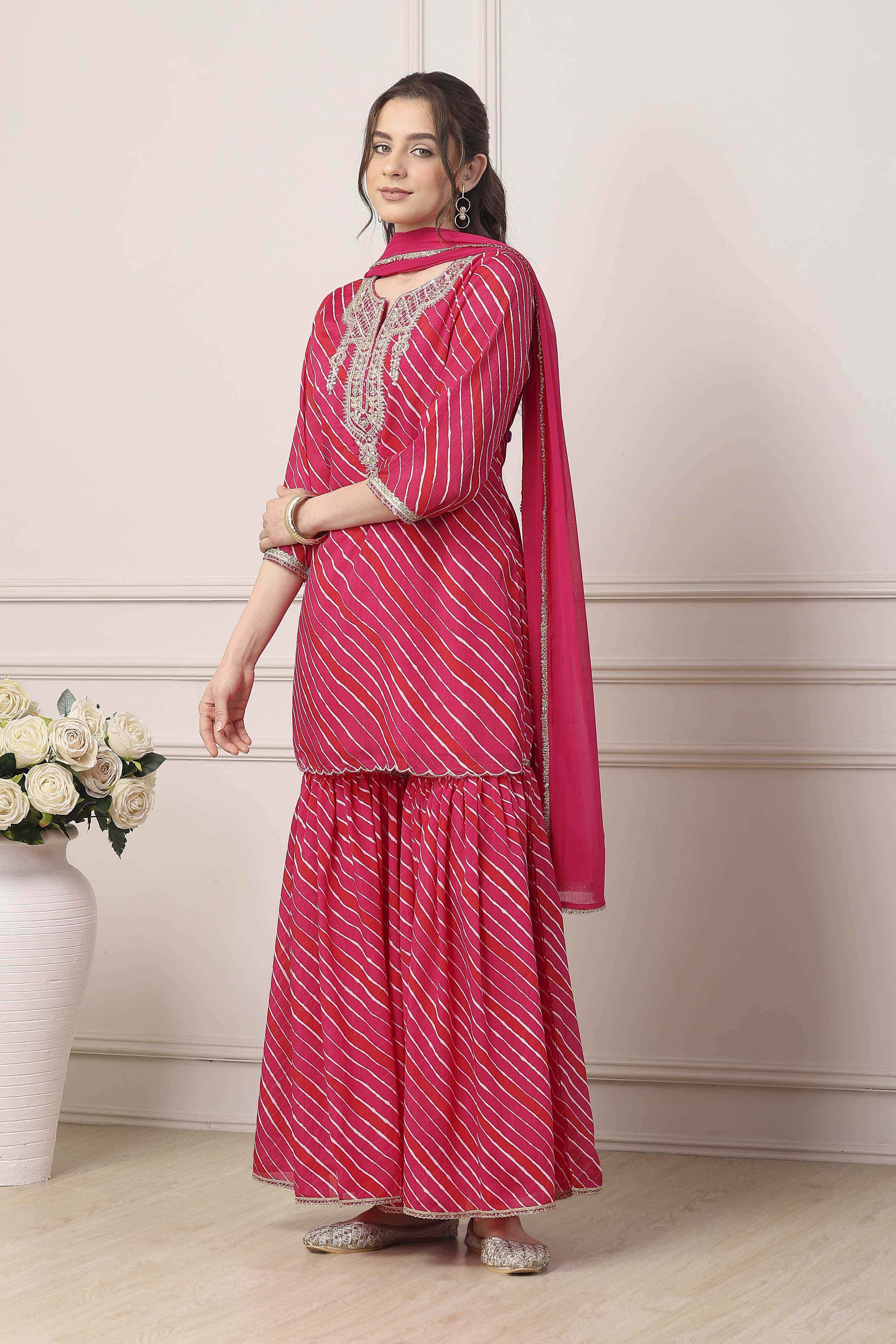 Pink Striped Yoke Design Straight Suit Set image number 3